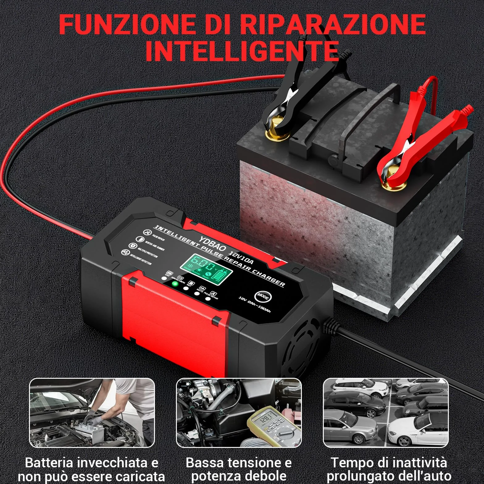 YDBAO Caricabatterie Auto 10A 12V Carica Batteria per Auto Moto Intelligente Multi Protezioni Riparazione di Moto Auto con Schermo LCD per AGM LiFePO4