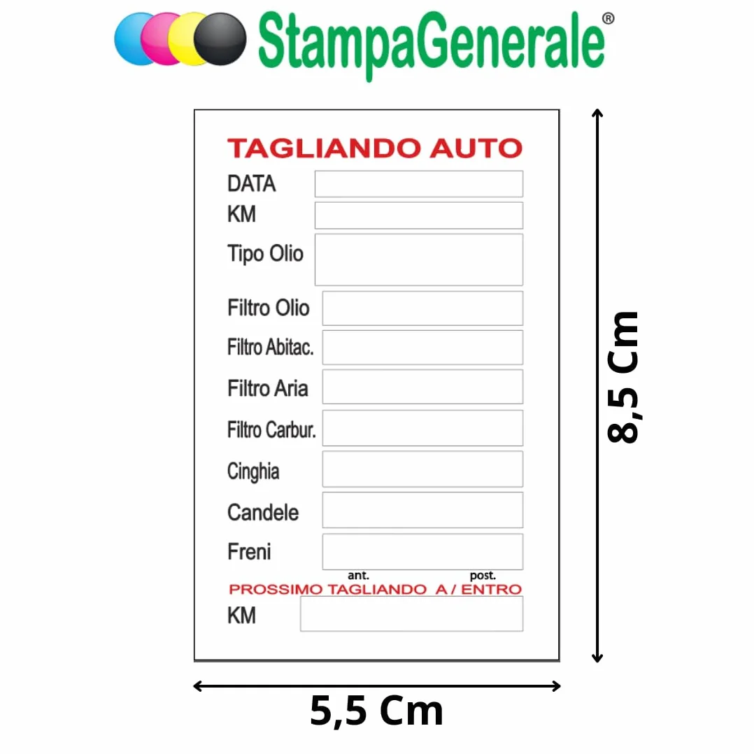 Etichette Adesive Tagliando Auto Cambio Olio Filtri Candele Freni, PVC Impermeabile 8,5 x 5,5 cm 50 Pz