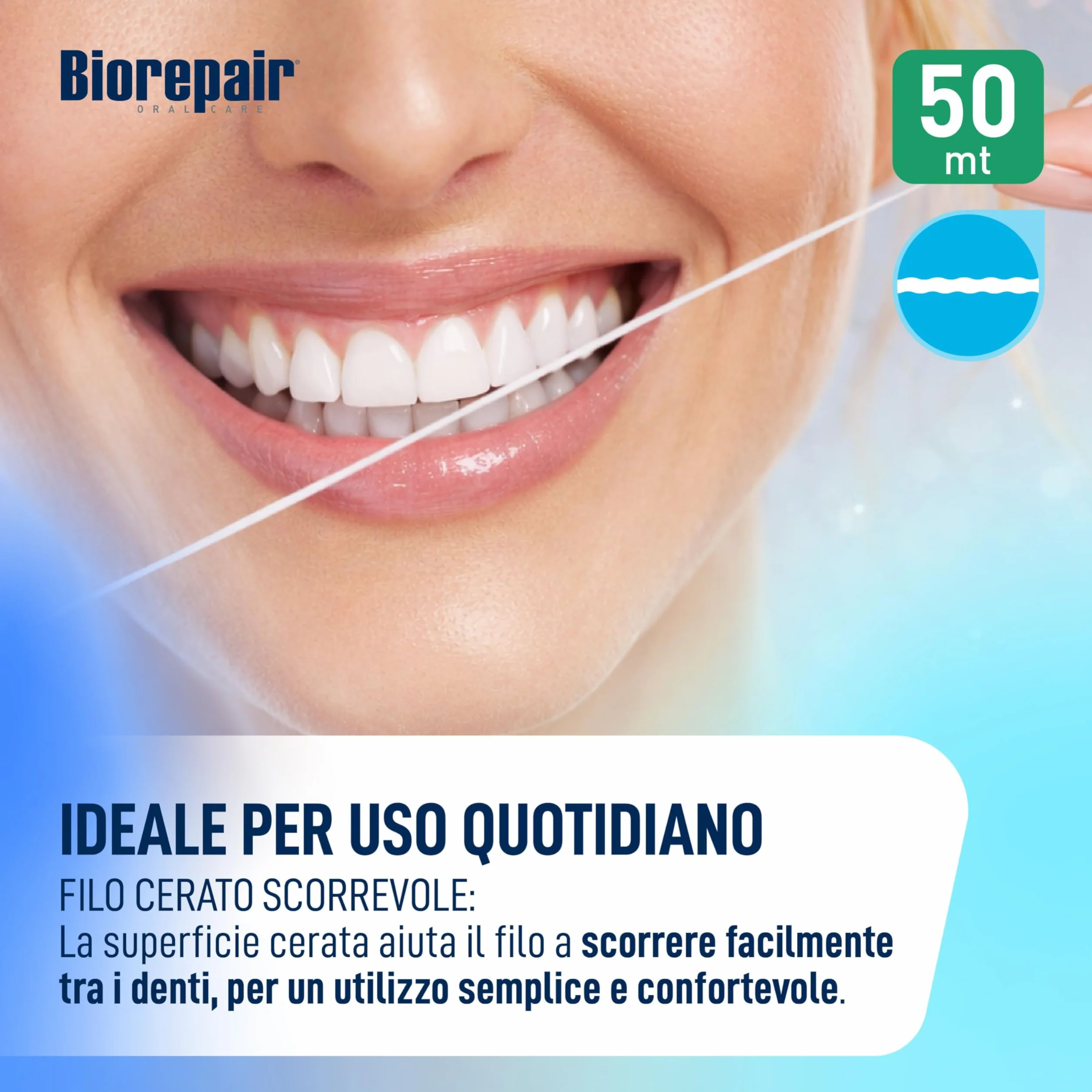 Biorepair Filo Interdentale Antibatterico Cerato Scorrevole Menta Fresca 50 mt