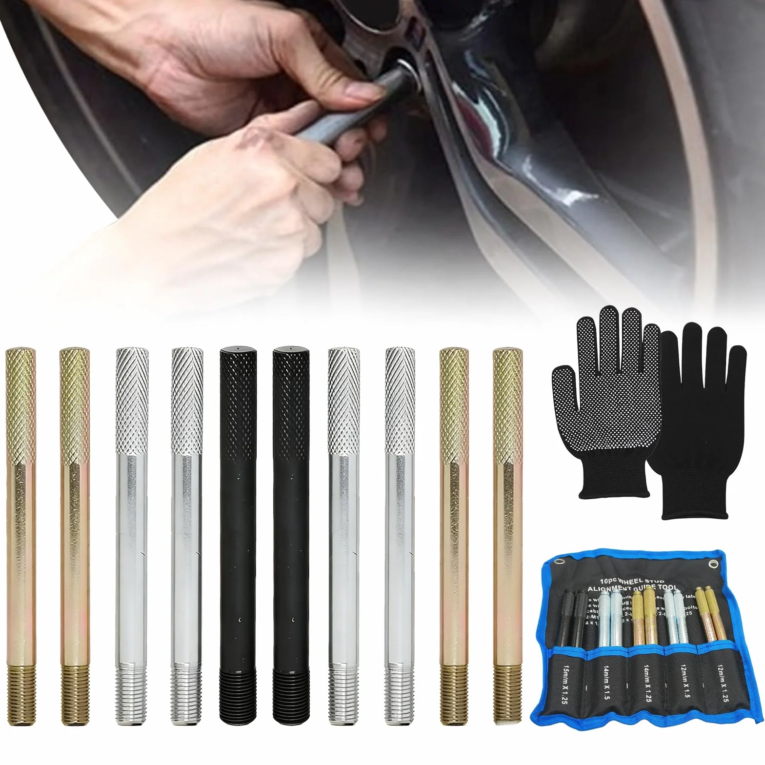 BORDEAG Perno di Allineamento Ruota Set 10 Pezzi M12 M14 M15 Attrezzi Allineamento Ruote con Guanti