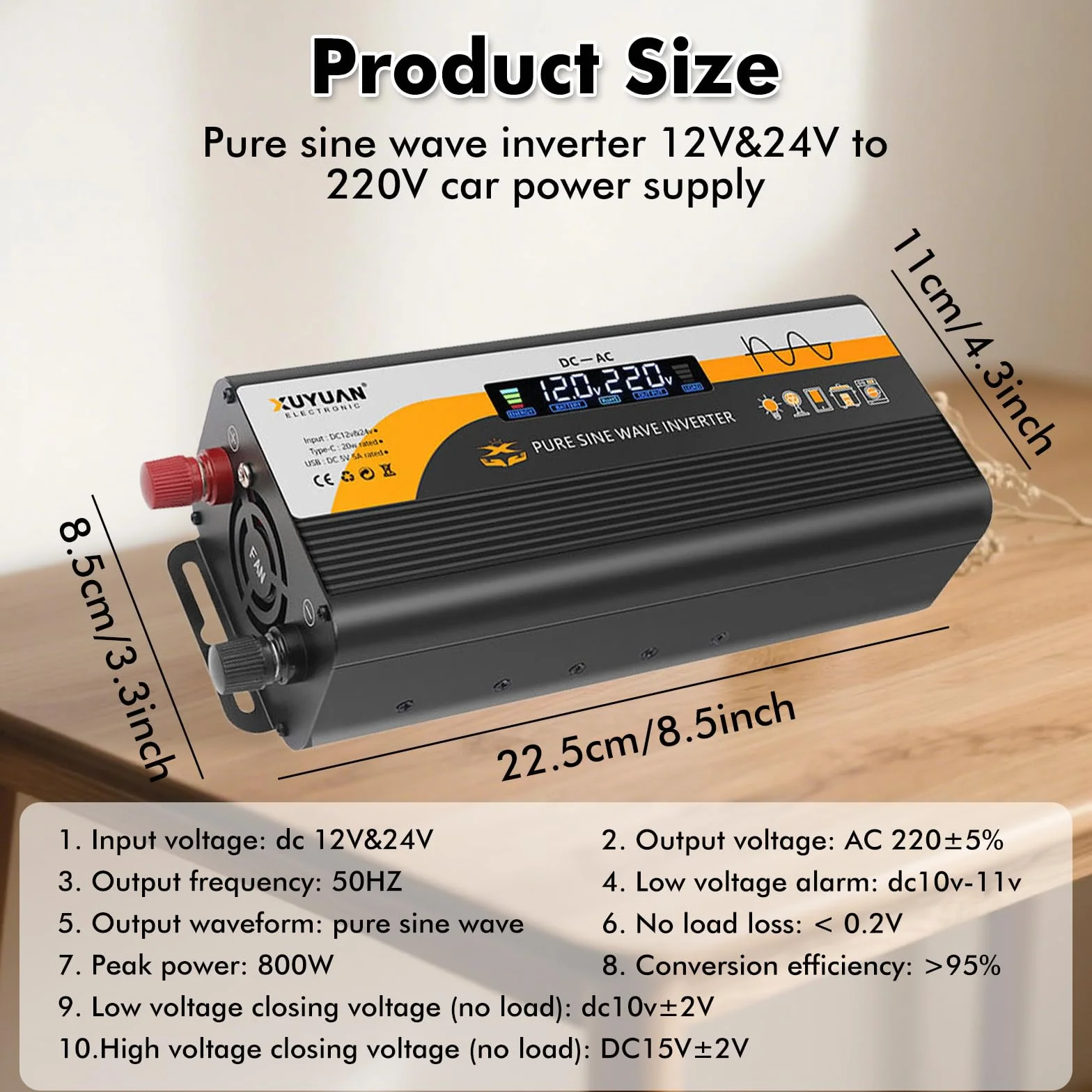 Convertitore di tensione 800W 12V/24V a 220V con presa europea e porta USB LCD