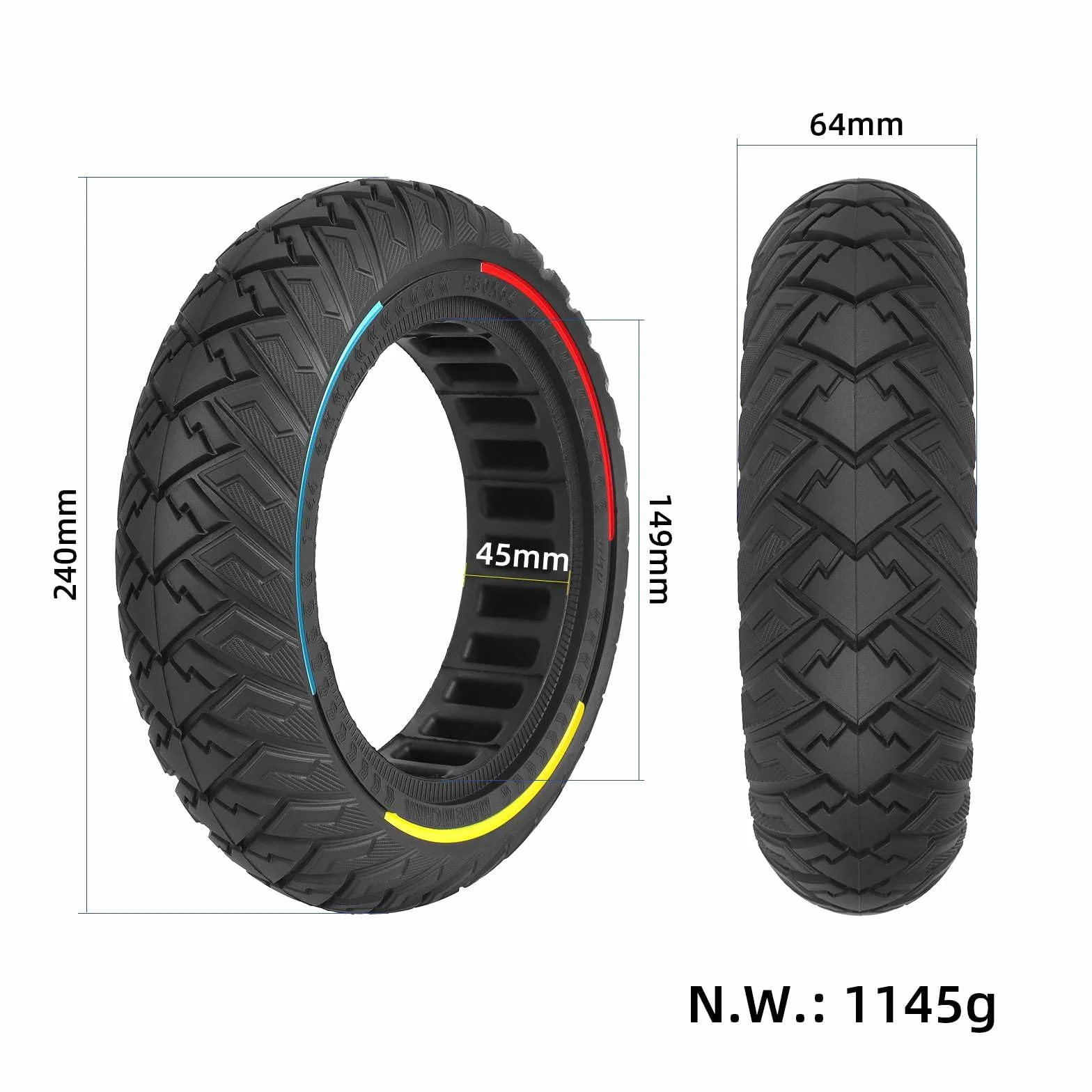 250x64 Pneumatici in gomma piena per monopattino elettrico - 10 pollici, pneumatici di ricambio per fuoristrada con cerchio tricolore per gli scooter elettrici Xiaomi 4 Ultra e Navee S65