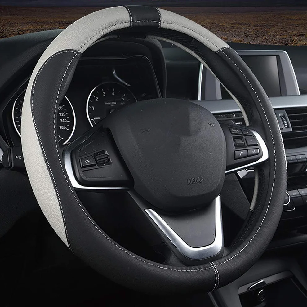 Pahajim Coprivolante in Microfibra PU Pelle Copri Volante per Auto Universale Sportivo Copristerzo Protezione Antiscivolo Traspirante 37-38 CM Rivestimento Sterzo per Donna Uomo (grigio nero)