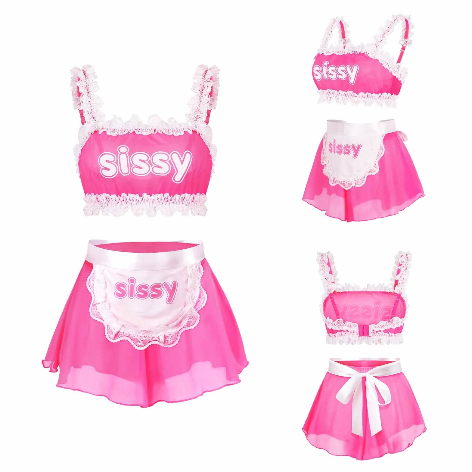 LittleForBig Nastro trasparente Bralette Rocked Panties Set con grembiule rimovibile