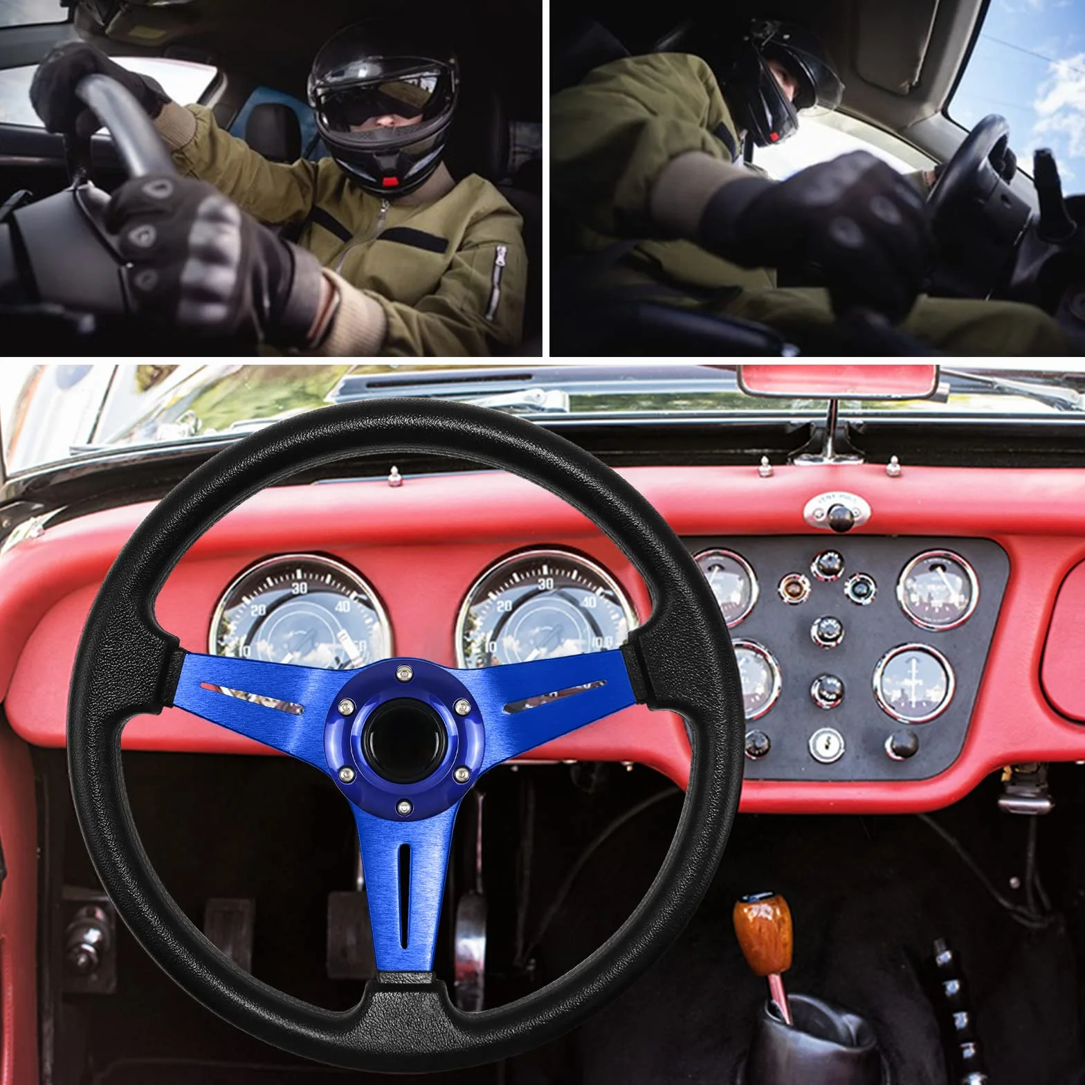 Universal Racing Lenkrad 13.6" 6 Schrauben Grip Vinyl Leder mit Hupe Taste für Rennen (Blau)