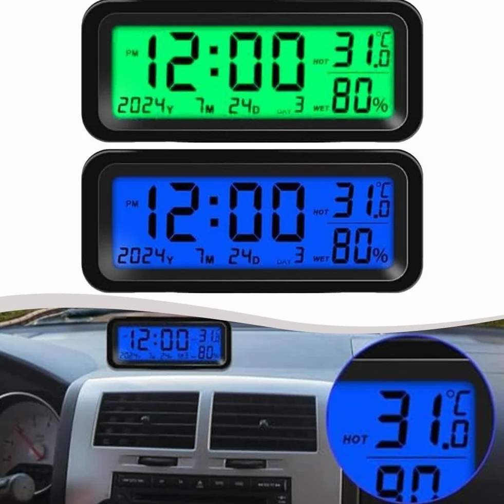 Mini orologio digitale per auto solare 8x3x3,5 cm data temperatura cruscotto blu verde