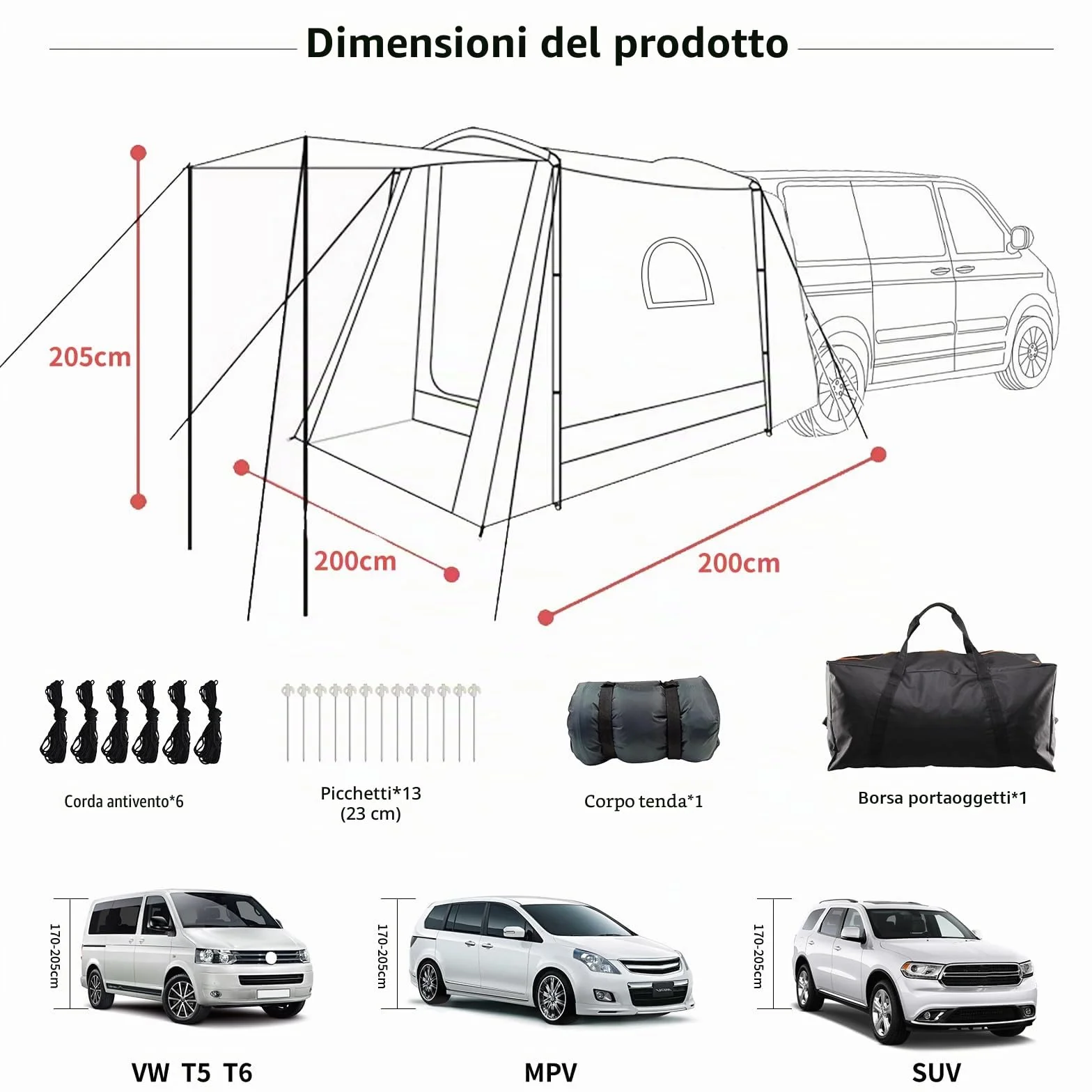Tenda per Furgone Van 200x200x205cm, Impermeabile 3000mm - per Portellone Posteriore VW T5 T6 - Adatta per 2-3 Persone, Campeggio e Viaggi.