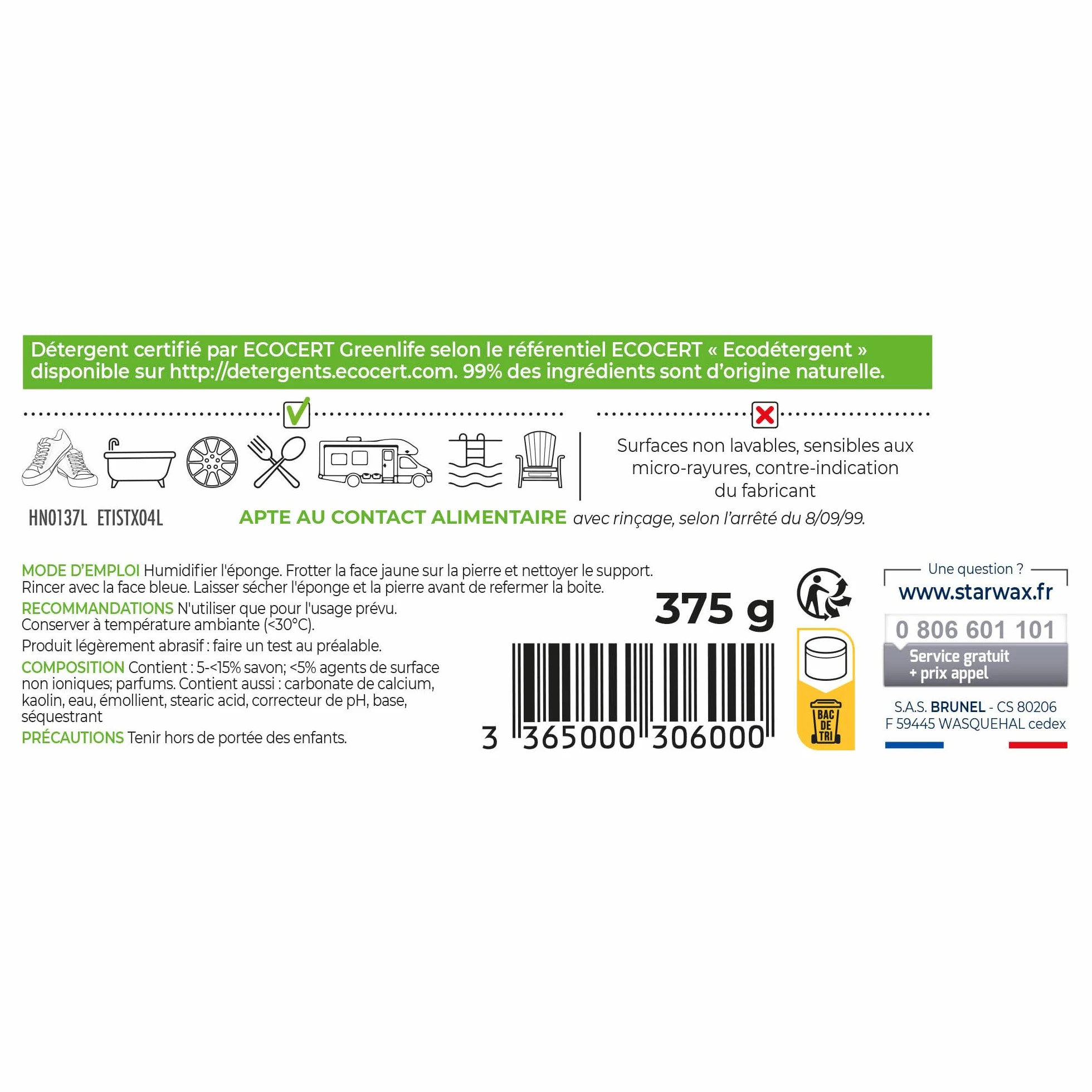 Starwax 30600 pietra di pulizia Bianco 100% di Origine Naturale