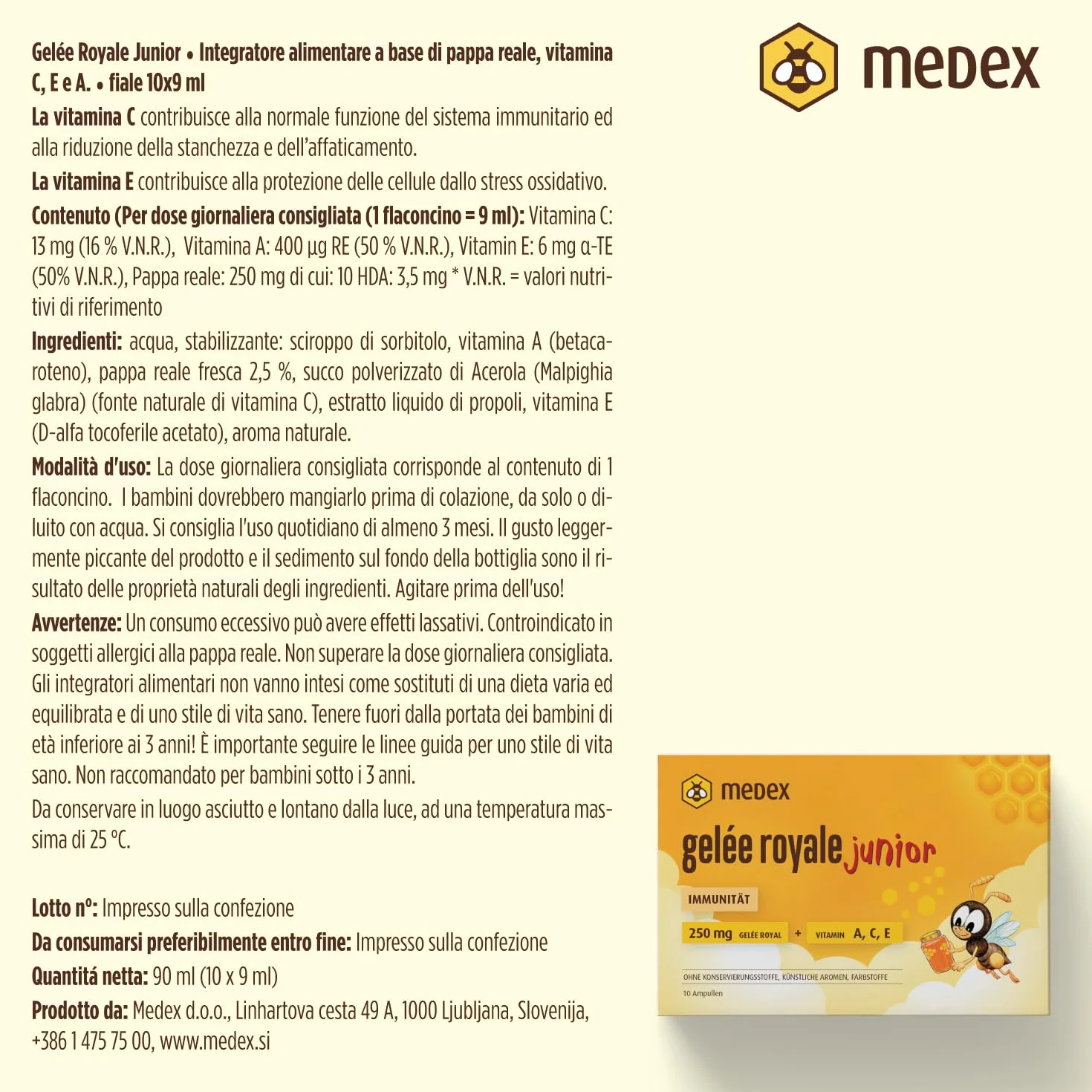 Medex Gelée Royale JUNIOR Pappa reale 250 mg vitamine naturali A C E liquido fiale 10x9 ml bambini 3+