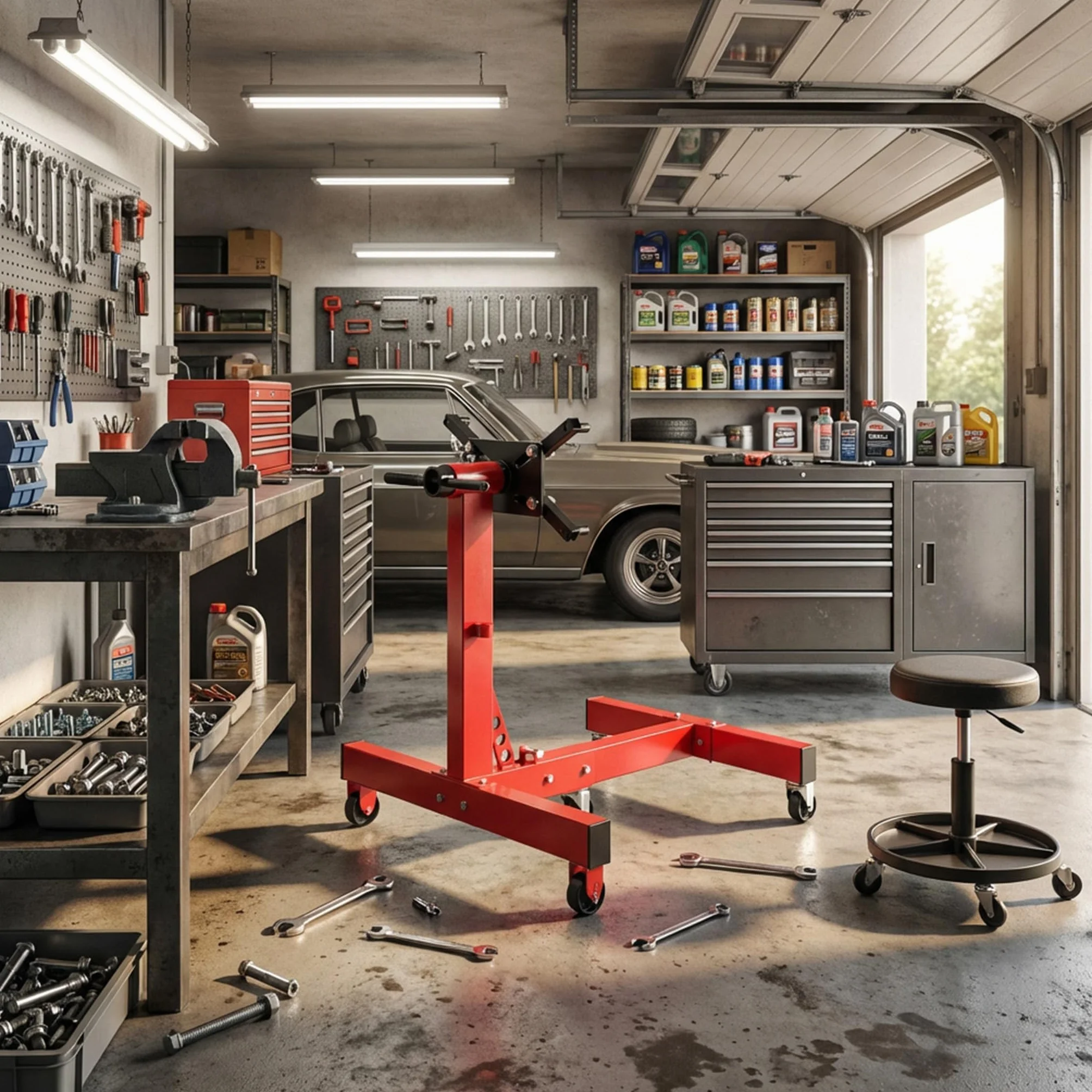 Supporto motore per auto pieghevole 680 kg 360° 4 bracci regolabili 5 ruote impugnatura antiscivolo