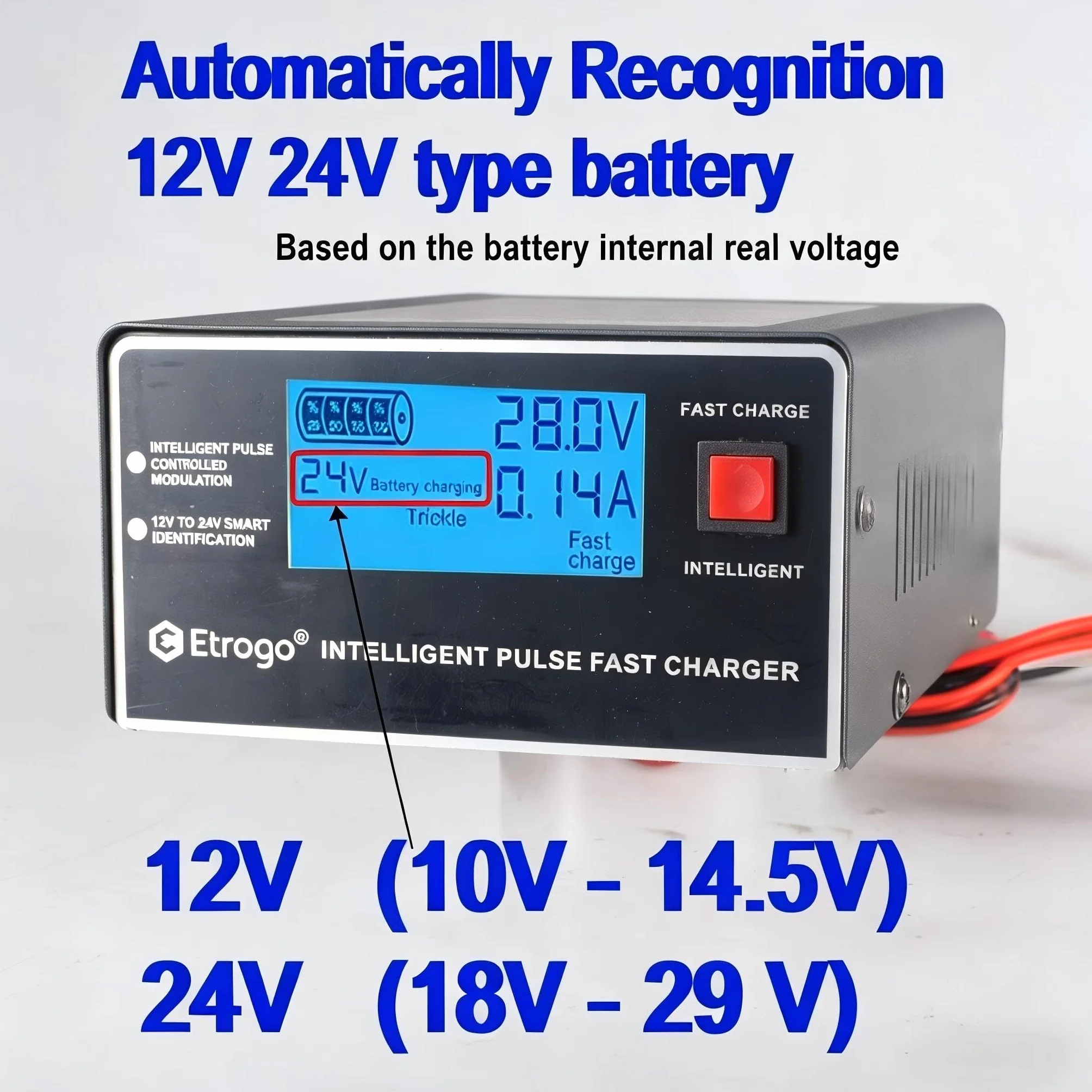 Etrogo Caricabatteria Auto 12V 24V 10A 250W Caricatore di Impulsi Intelligente con Funzione di Rilevamento Automatico Riparazione Manutenzione con Schermo LCD