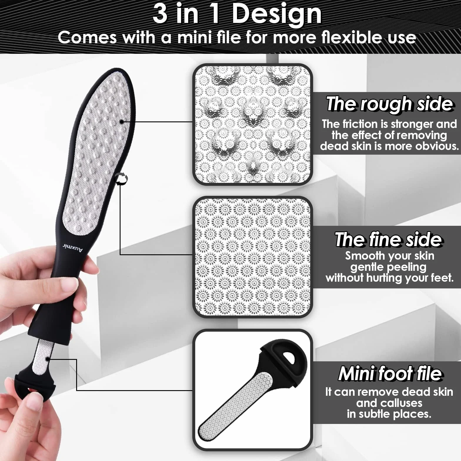 Auxmir 3in1 Raspa Piedi Professionale in Acciaio Inox, Lima Piedi Talloni Impermeabile, Antiruggine, Pedicure Professionale