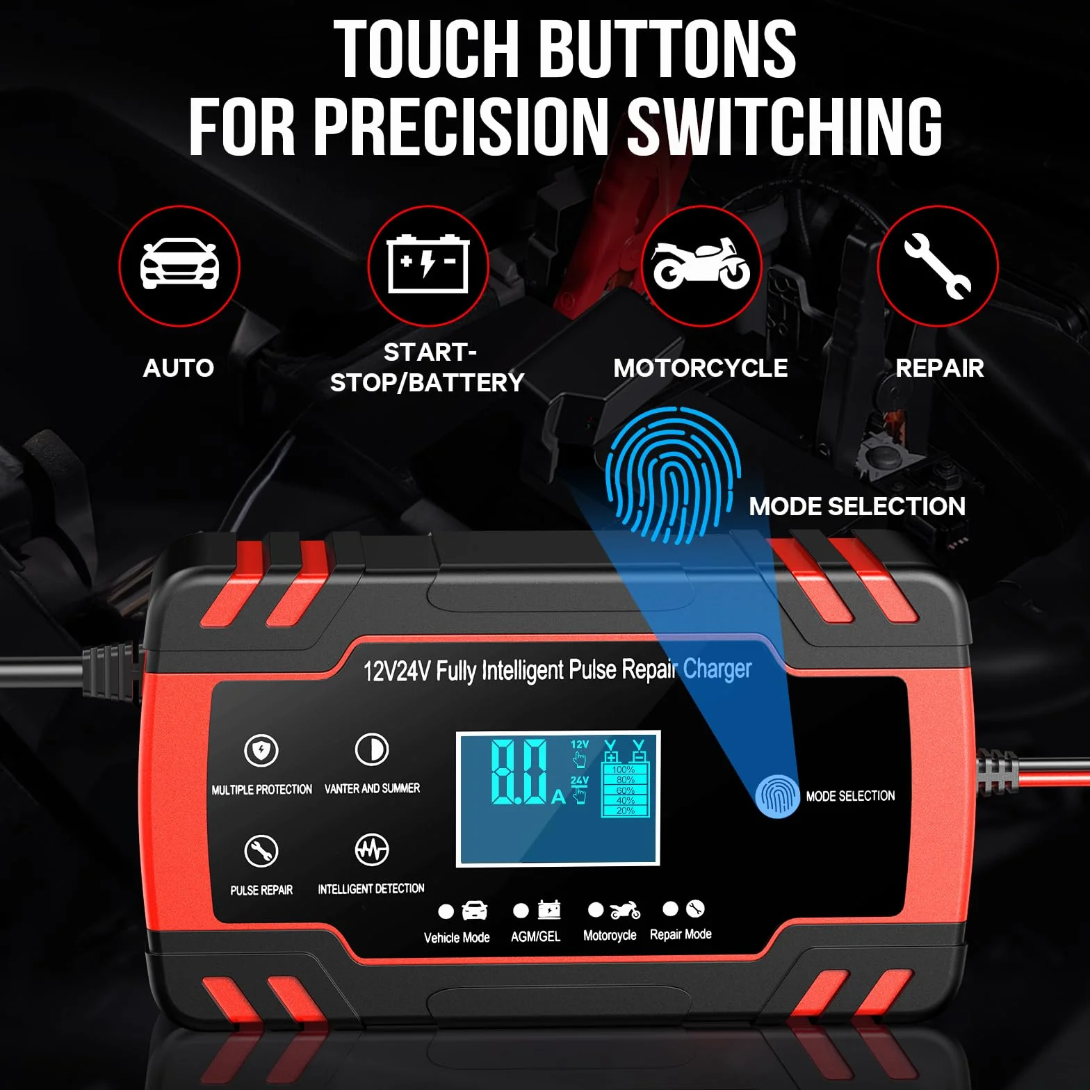 Caricabatteria da Auto 12V 24V 8A Mantenitore Intelligente Schermo LED Automatico per Moto Barche