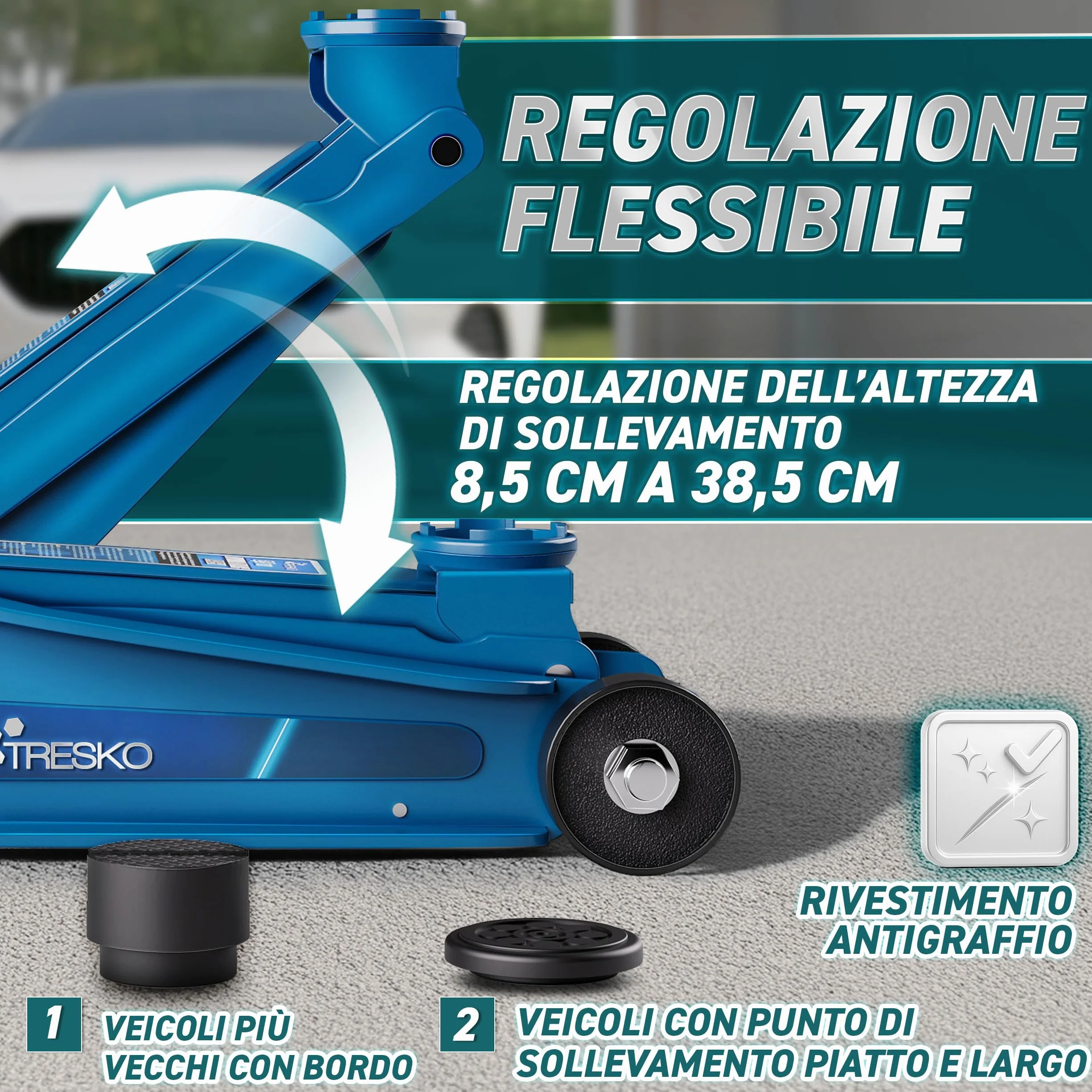 TRESKO Cric idraulico 2,5T altezza 85-385 mm con valigetta
