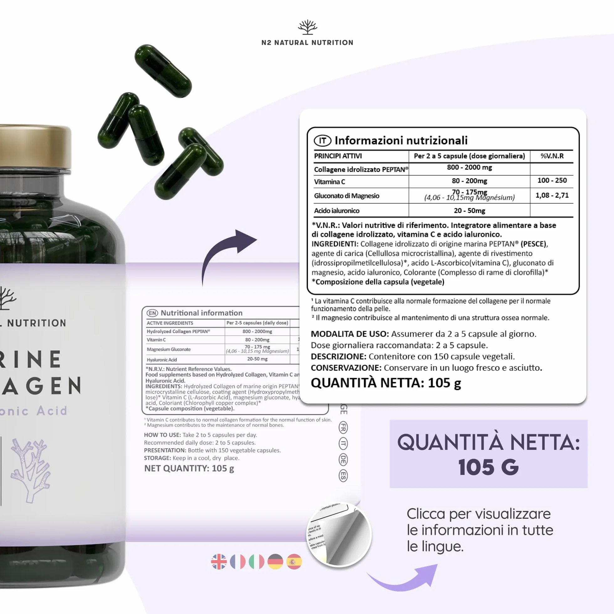Collagene Marino PEPTAN N2 Natural Nutrition 150 capsule Integratori Articolazioni Cartilagine Pelle