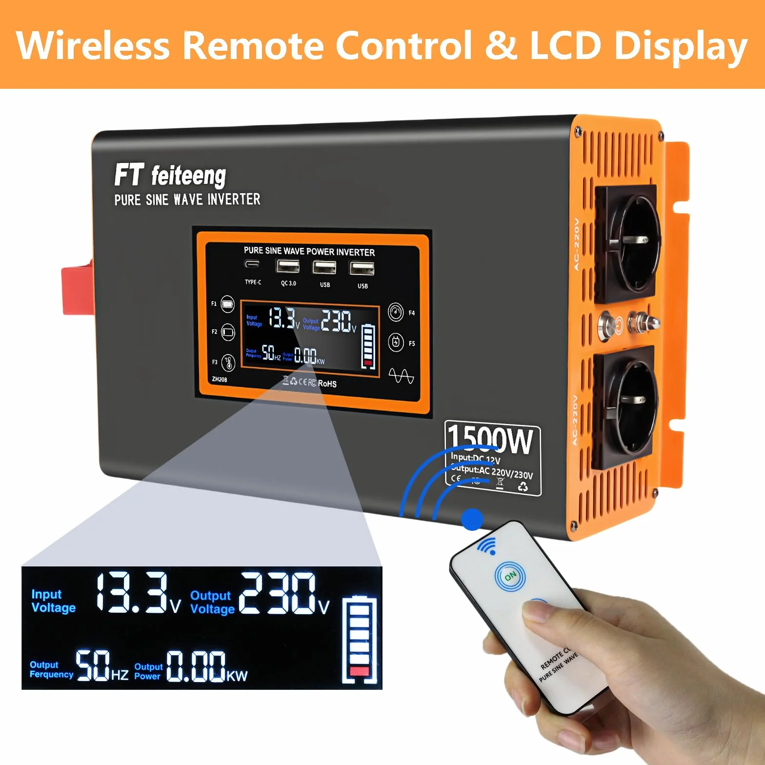 1500W/3000W Pure Sine Wave Inverter 12V 220V LCD Display with Remote, USB-C & QC 3.0 for Car, Camper, Truck