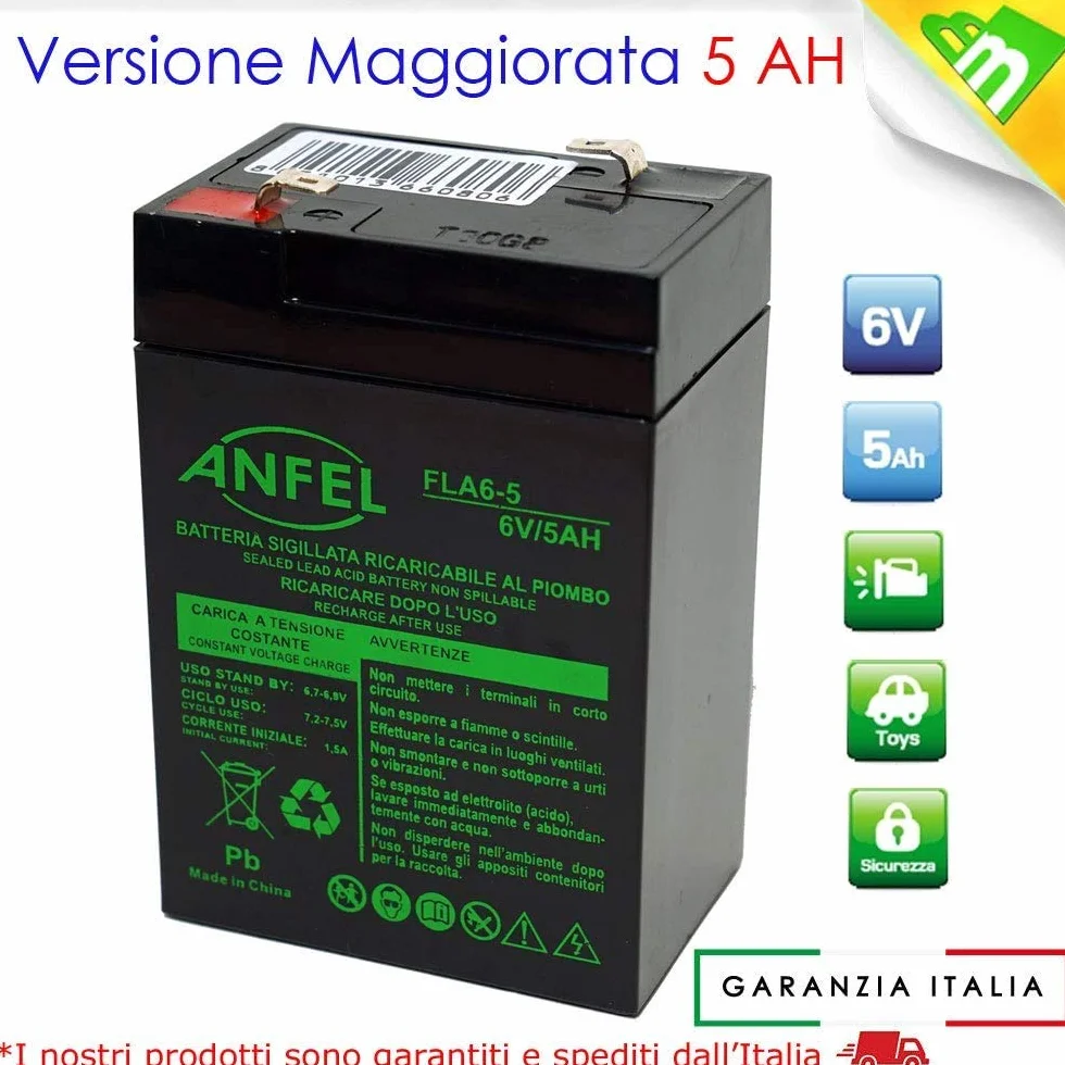 Batteria Gel di Piombo per: Moto,quads, Veicoli tipo PegPerego auto moto 6V 5Ah (sostituisce Anche 4Ah 4,5Ah)