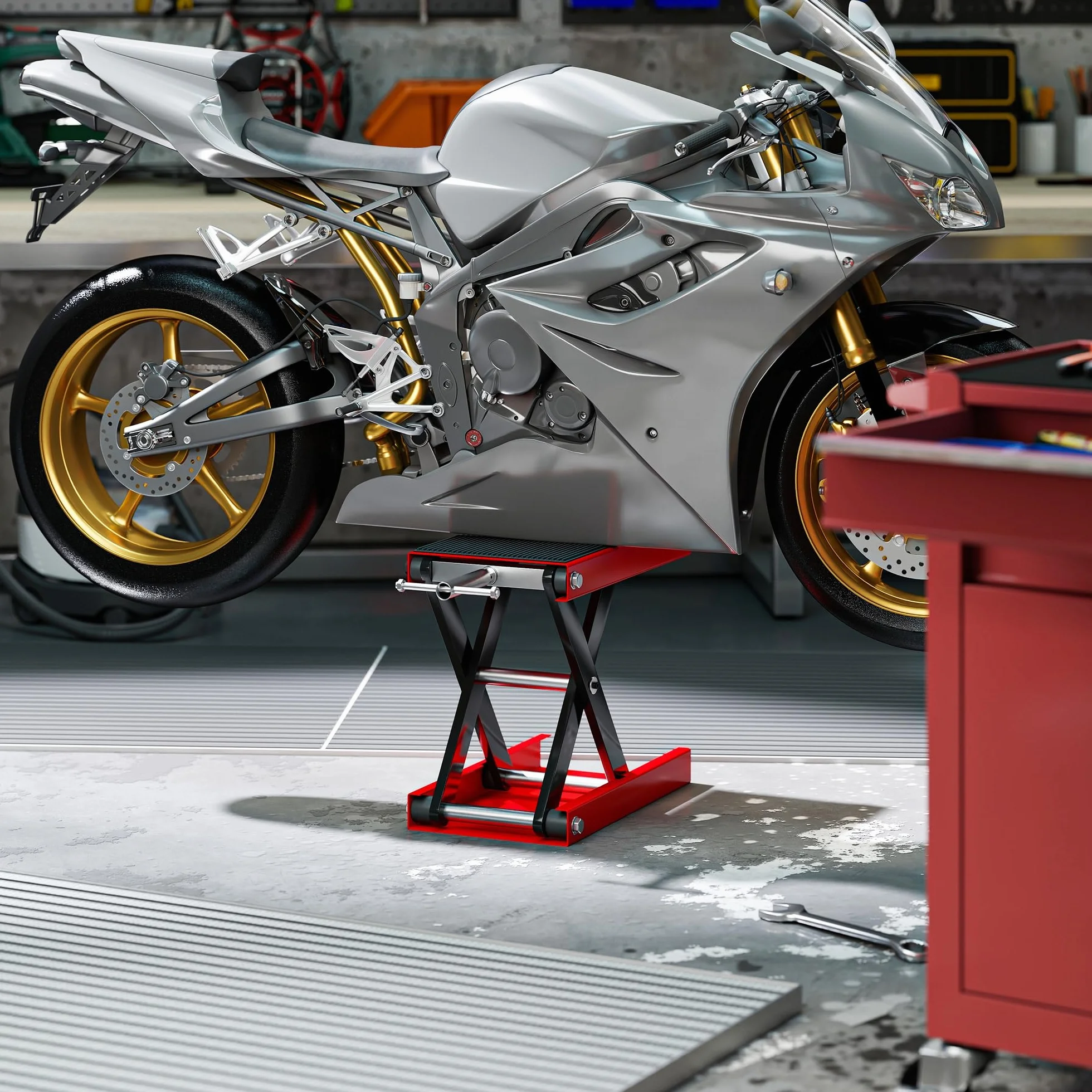 DURHAND Cavalletto per Moto e Bici Antiscivolo max 500 kg Regolabile, Metallo e Gomma, Rosso e Nero