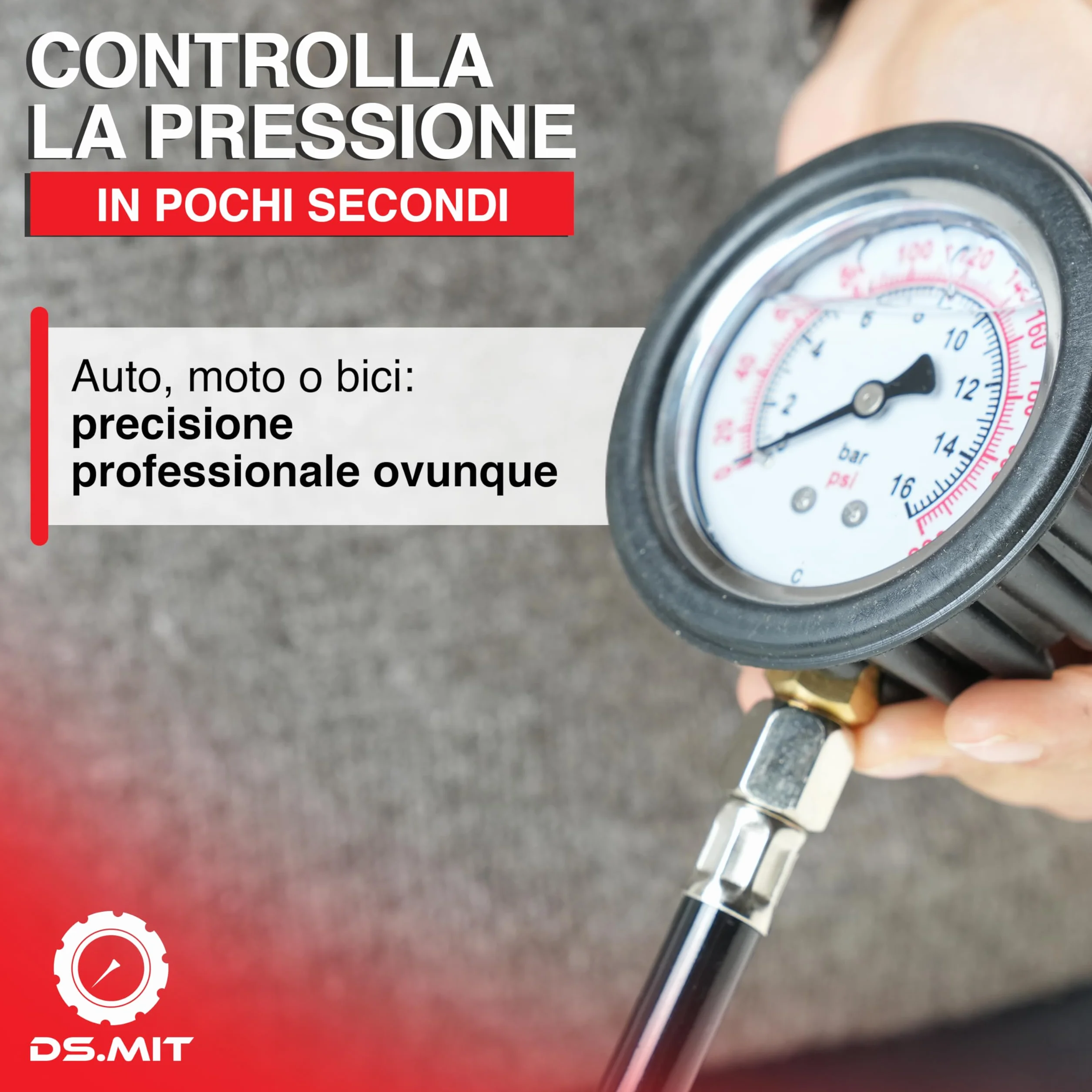 Manometro Pressione Gomme Professionale 46 cm, Misuratore Alta Precisione, Quadrante Analogico, Auto Moto