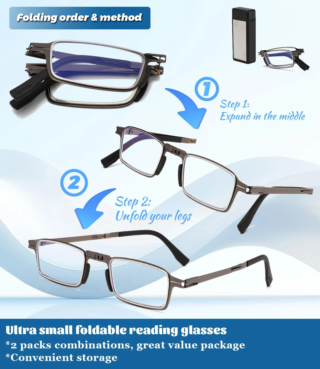 Hubeye Occhiali da lettura Pieghevole in Acciaio inox Anti luce blu 2.00 con Cerniela a molla e Scatola in metallo
