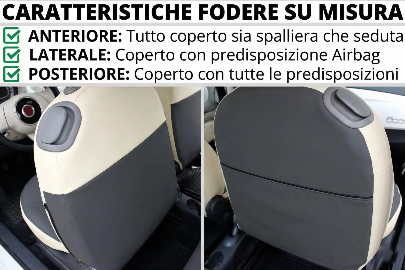 Italfodere Coprisedili Auto Compatibili con Fiat 500 – Fodere Complete Antracite/Panna (Posteriore Intero (2 Poggiatesta Solo Anteriori))