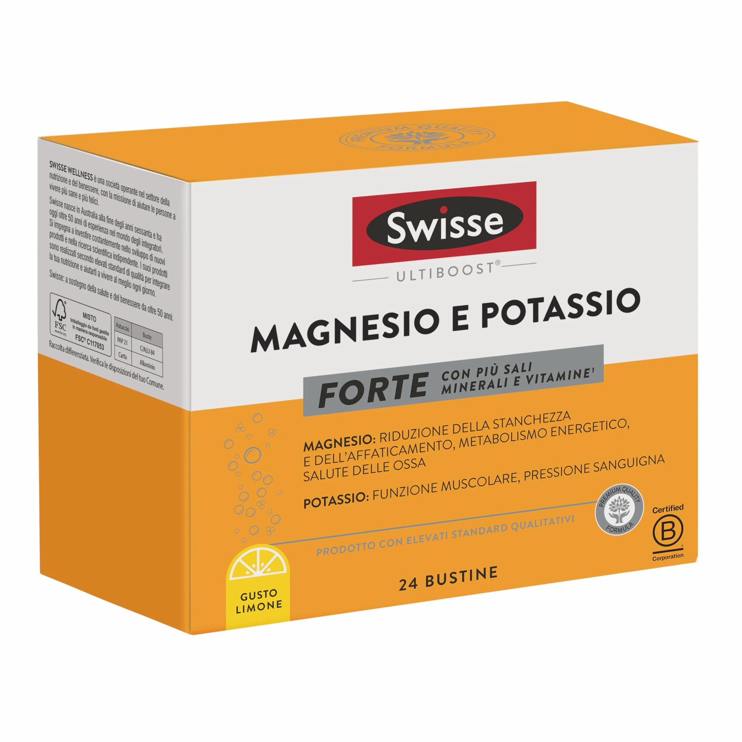Swisse Magnesio e Potassio FORTE Integratore Potassio Magnesio Polvere 24 Bustine Limone Made in Italy