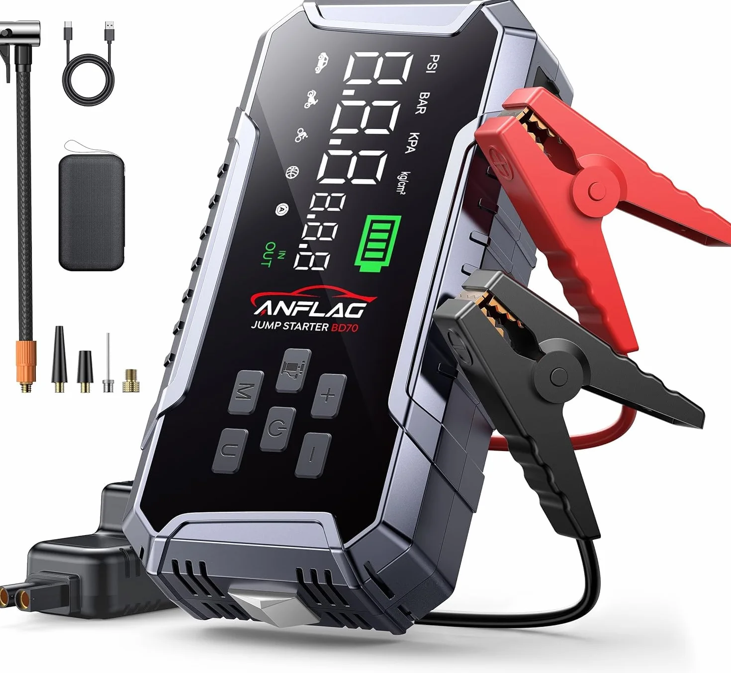 Booster Avviamento Auto 8000A, ANFLAG Avviatore Batteria Auto con Compressore 160PSI, 26800mAh Starter Batteria Auto per Tutti Gas o 12L Diesel con Ricarica Rapida USB-C/600 Lumen LED