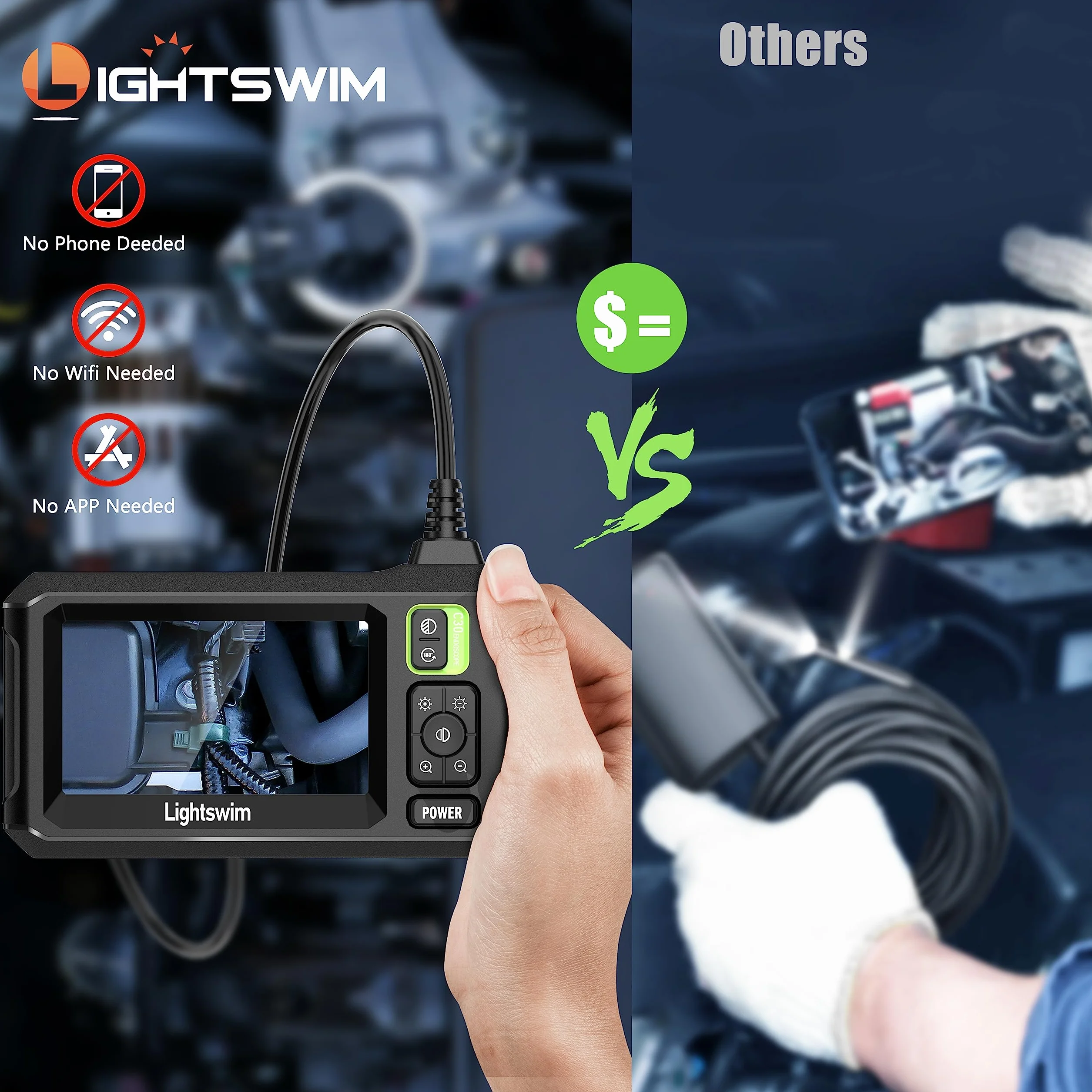 Lightswim Telecamera per ispezione endoscopio industriale IP67 4,3" 5M 8 LED