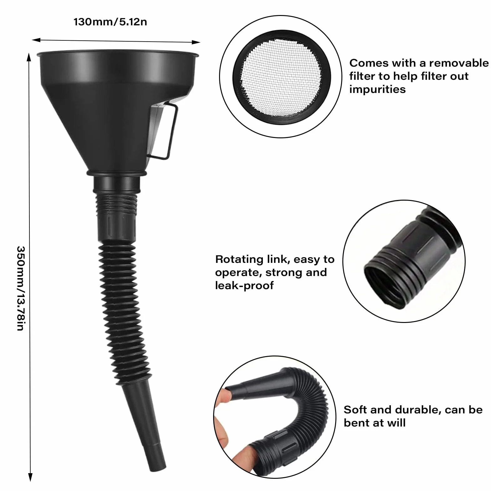 Imbuto Olio Motore 7 Pezzi, Benzina Imbuti Plastica Travasatore Becco Lungo Universale Kit con Filtro e Tubo Flessibile