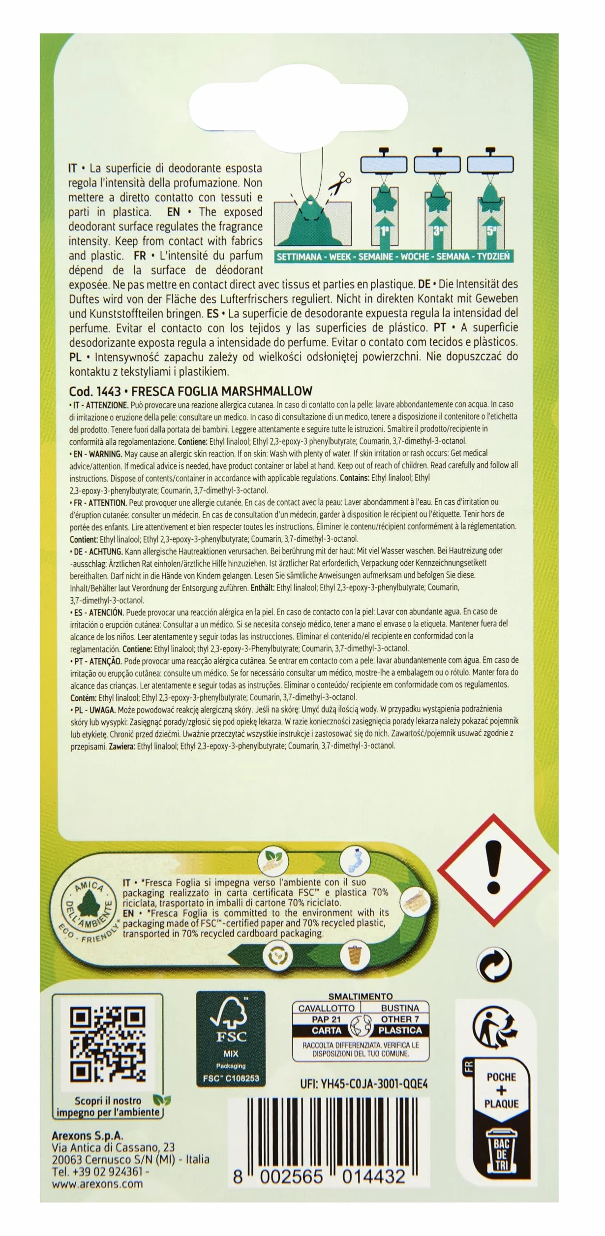 AREXONS Fresca Foglia My Instinct Fragranza Marshmallow Profumatore Auto in Cartonfeltro a Lunga Durata