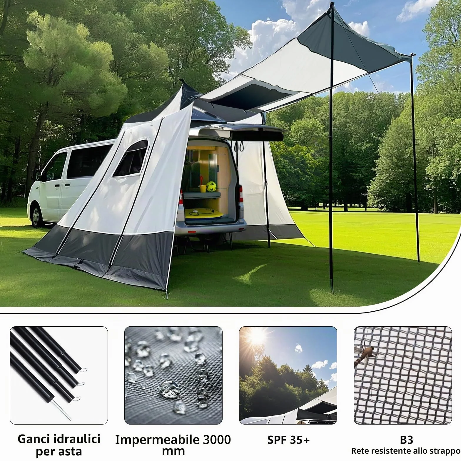 Tenda per Furgone Van 200x200x205cm, Impermeabile 3000mm - per Portellone Posteriore VW T5 T6 - Adatta per 2-3 Persone, Campeggio e Viaggi.