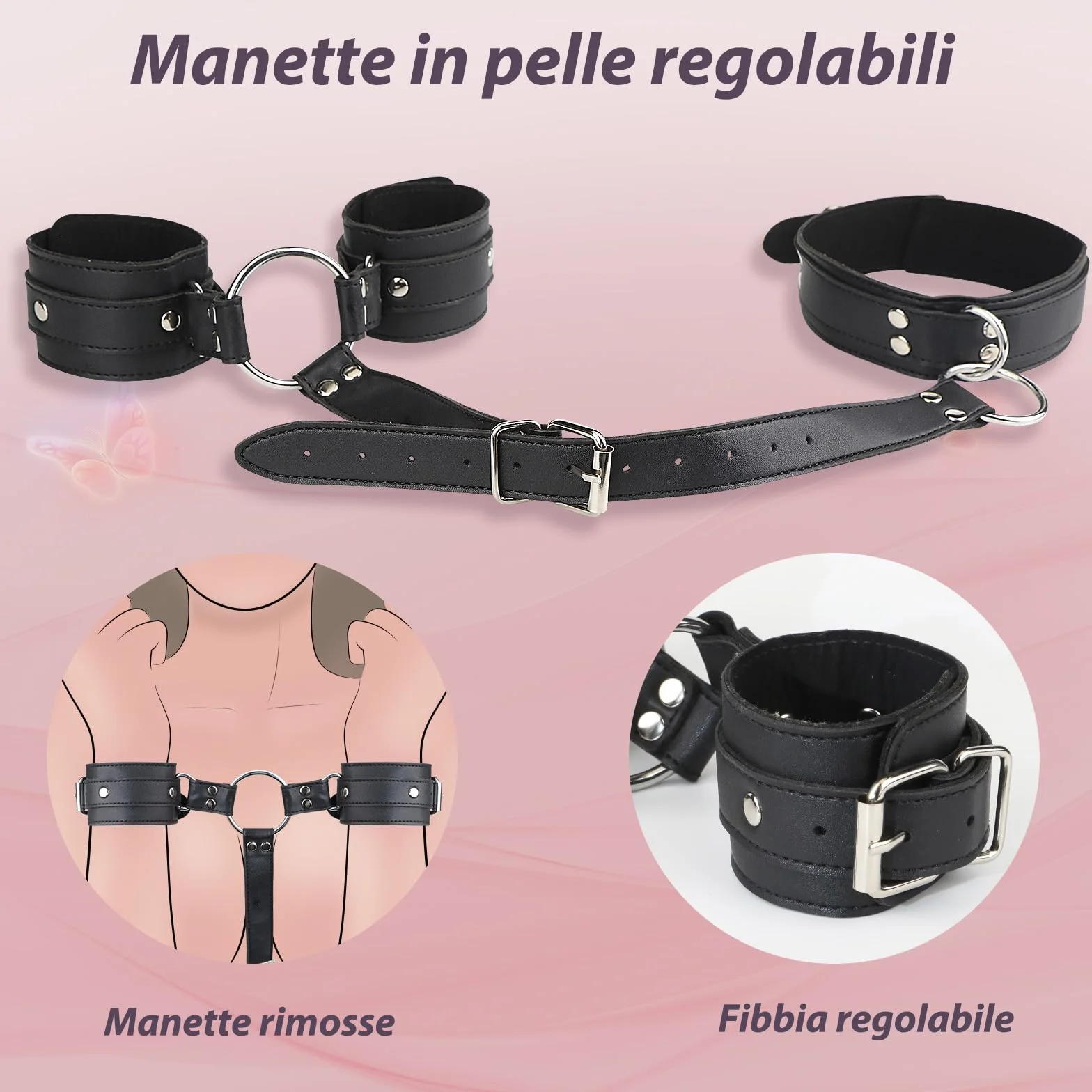 Giochi Erotici Coppie BDSM Bondage Set per Donna Uomo con Manette e Collari Regolabili Nere