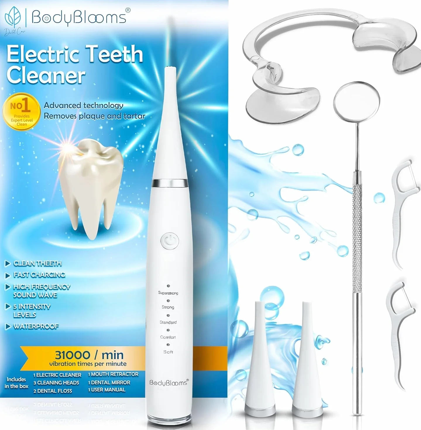 Bodyblooms® Kit Pulizia Denti Tartaro 5 Intensità Elettrico Igiene Dentale Con Accessori Set Rimozione Tartaro