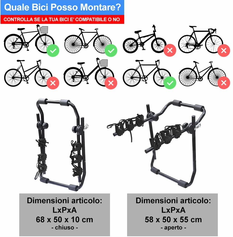 Portabici Universale Posteriore Auto Lupex PBAAL_B Fino a 3 Bici 40 kg Acciaio Zincato