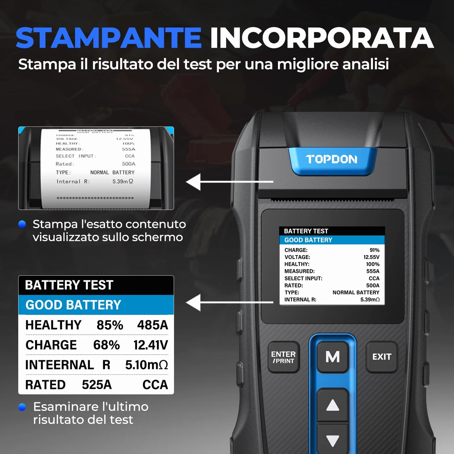 TOPDON Tester Batteria Auto BT300P, 12V 24V 100-2000 CCA Tester per Batterie con Stampante Incorporata, per Test Batterie/Caricabatterie/Sistemi di Ricarica, Adatto per Auto/Solidi/Autocarri Leggeri