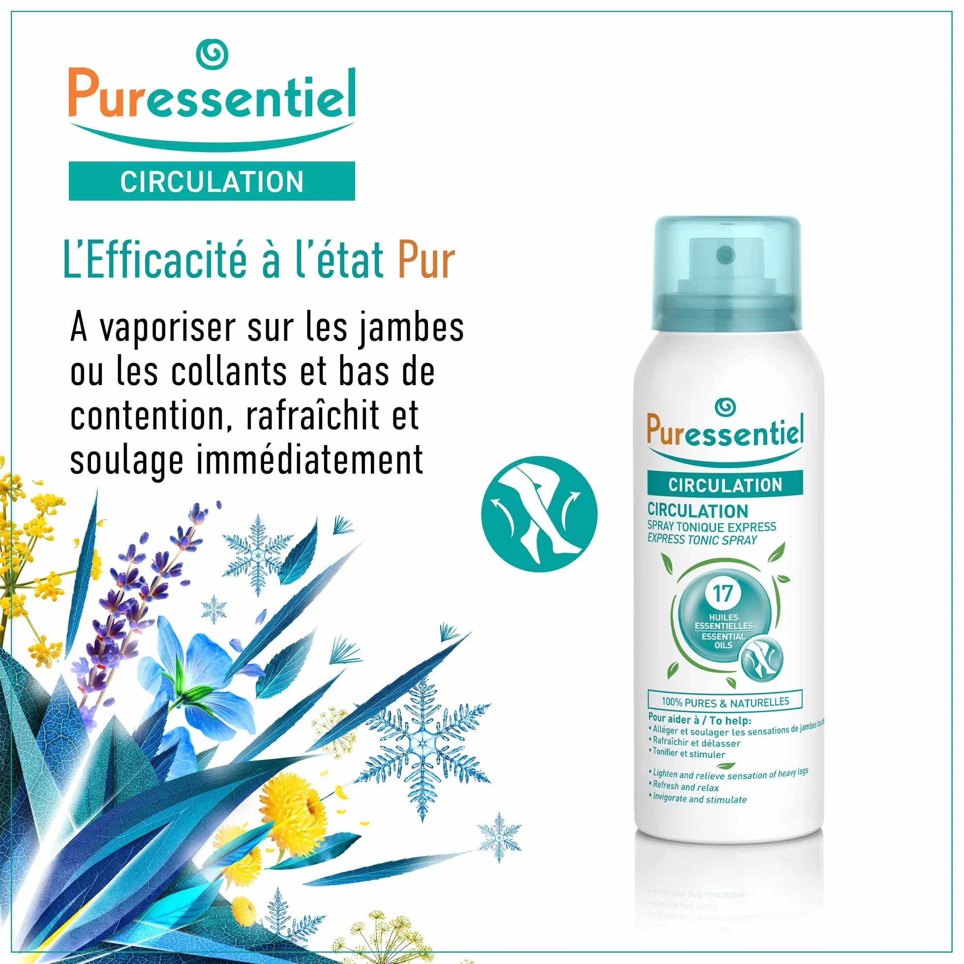 Puressentiel Circolazione Spray Tonico Express 17 Oli Essenziali mentolo naturale gambe pesanti 100 ml