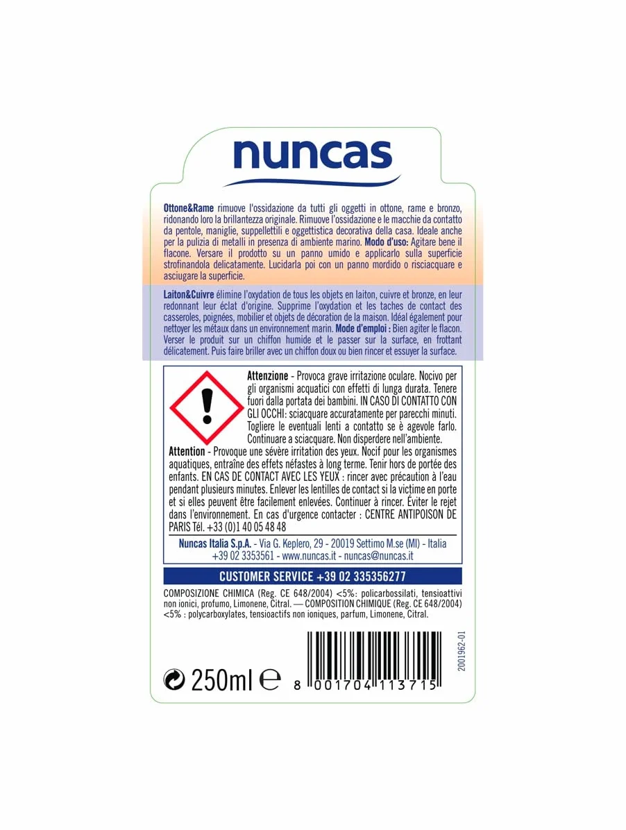 Nuncas Ottone e Rame Crema Detergente e Lucidante 250ml