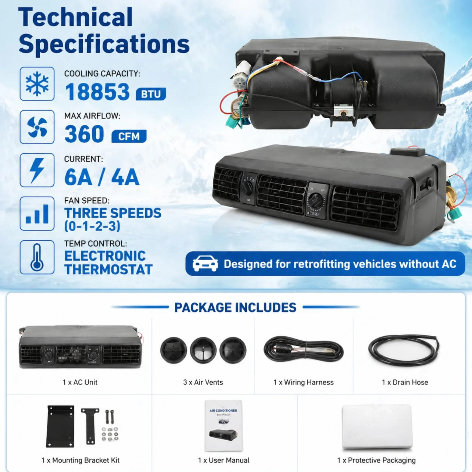 Evaporatore Universale 360CFM 12V per Condizionatore d'Aria Sotto il Cruscotto per Camper Furgoni