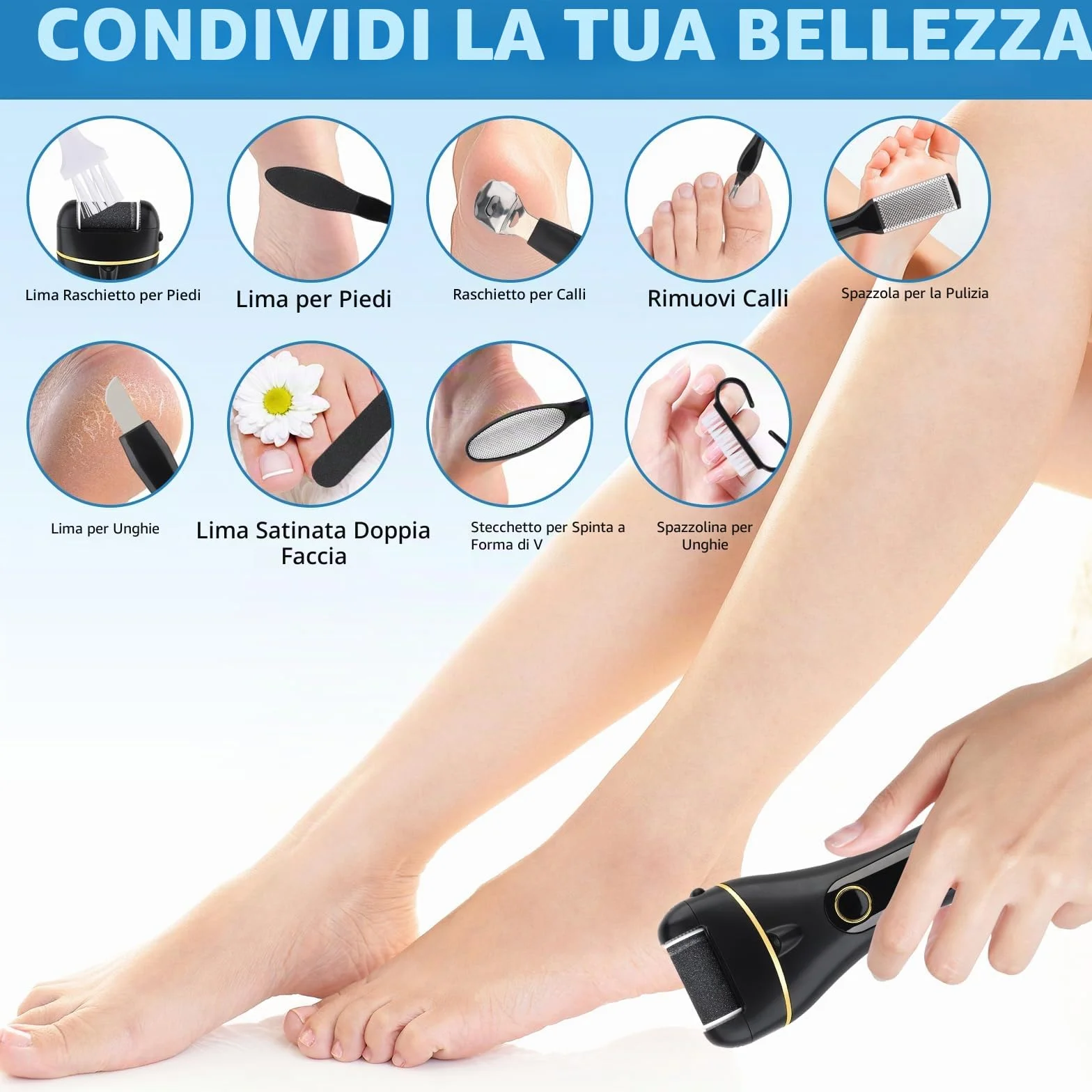 Pedicure Elettrico Professionale Ricaricabile con 3 Rulli Rimozione Calli Pelle Dura Secca (Nero)