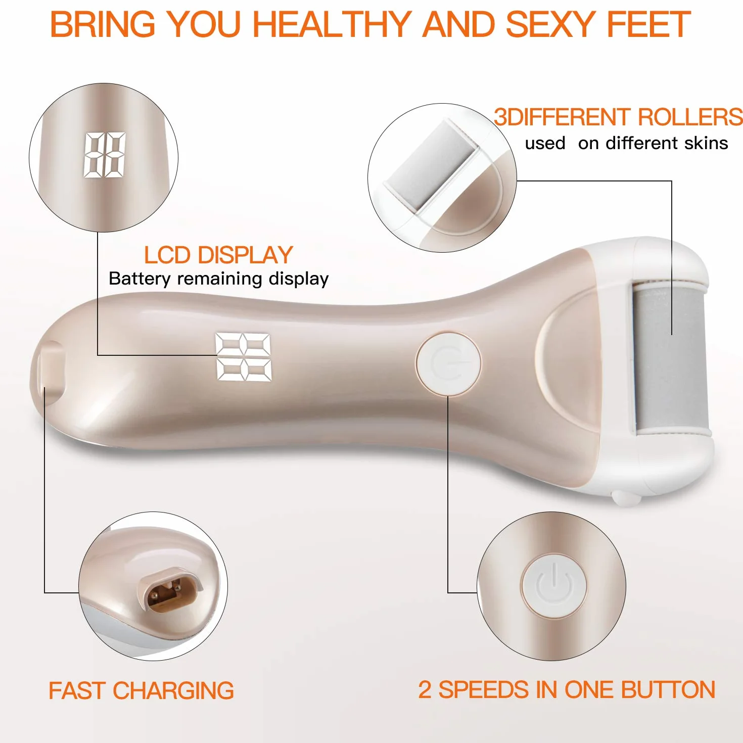 Piedi Roll Elettrico Professionale Ricaricabile 3 Ruoli 5 Livelli 1200MAH IPX7 Impermeabile 2 Velocita Calli Rimuovi Pedicure