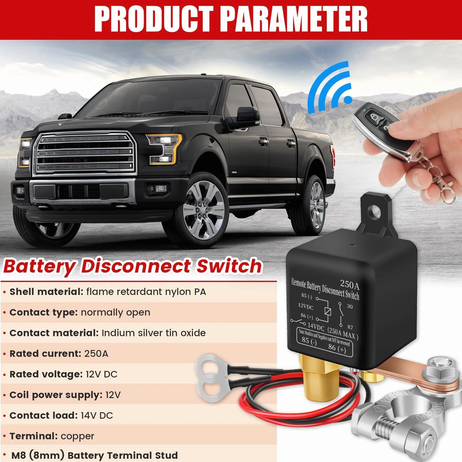 Stacca Batteria 12V Interruttore Relè 12V 250A Interruttore Batteria Con 2 Telecomandi Antifurto Auto Disconnessione Batteria Stacca Batteria per Auto Camion Moto Barca RV (250A)