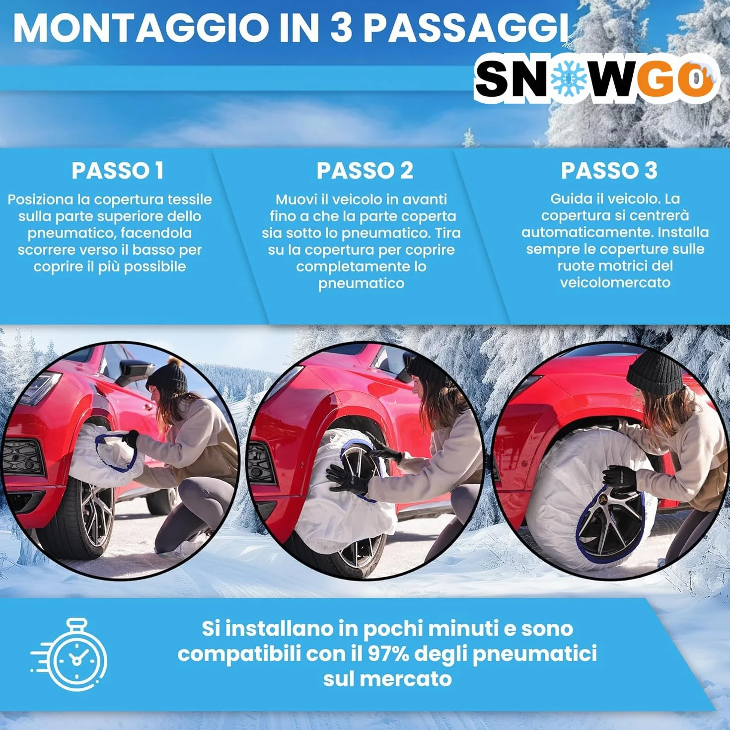 SNOWGO - Set di 2 calze da neve in tessuto - Taglie da M a XL - Omologate 16662-1 Europa - Compatibili con veicoli 4x4, veicoli elettrici, furgoni e veicoli commerciali <3,5T. (XL)