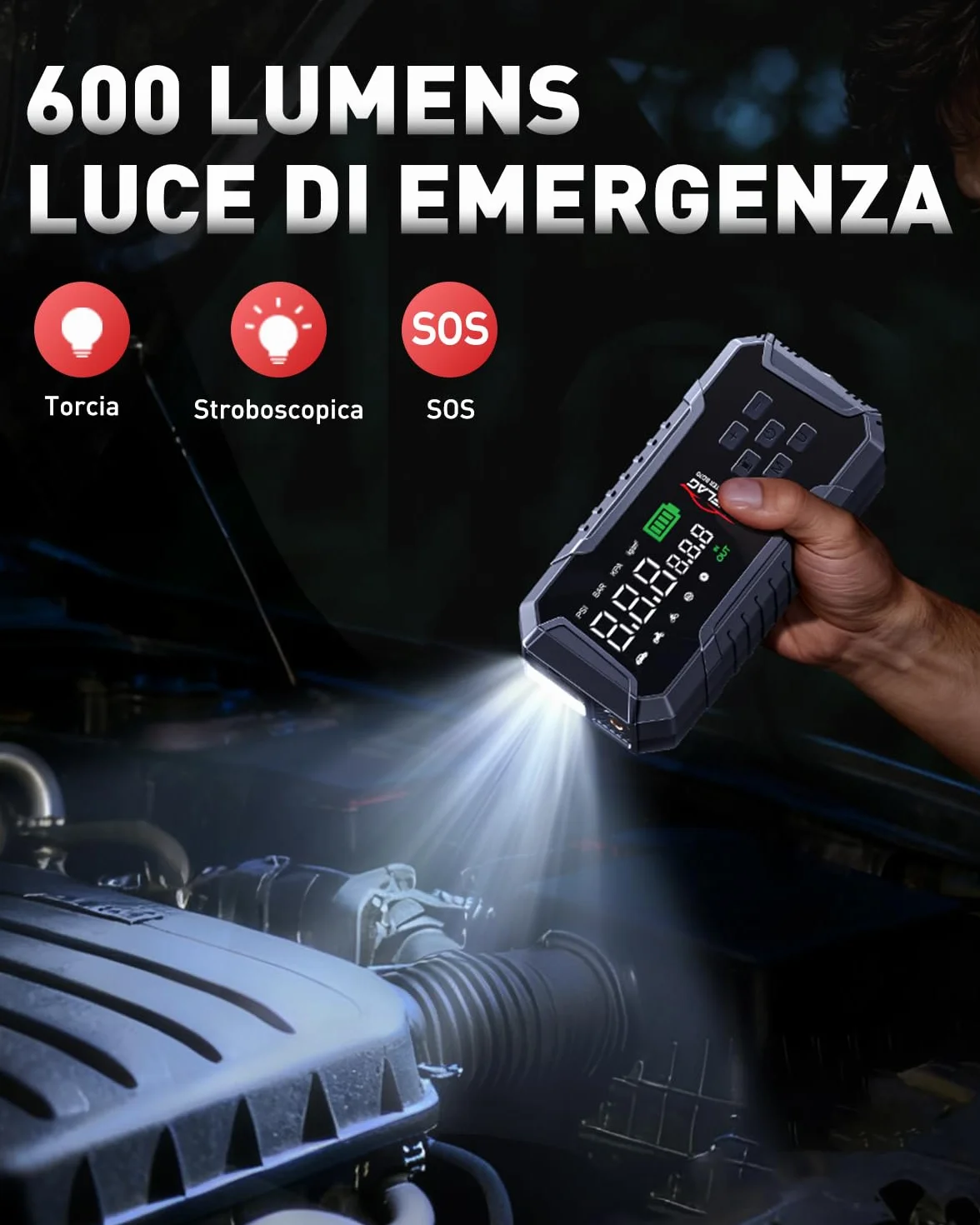 Booster Avviamento Auto 8000A, ANFLAG Avviatore Batteria Auto con Compressore 160PSI, 26800mAh Starter Batteria Auto per Tutti Gas o 12L Diesel con Ricarica Rapida USB-C/600 Lumen LED