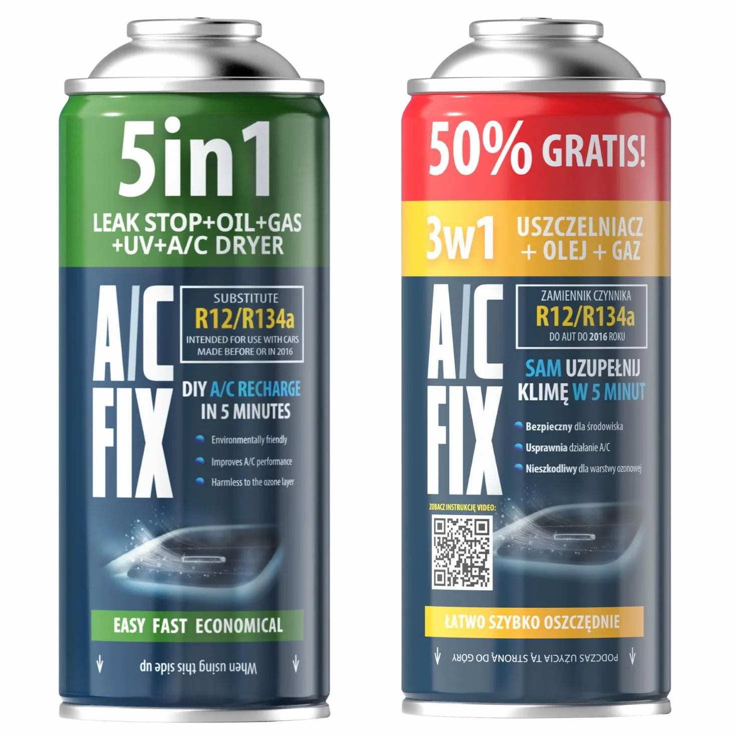 AC FIX 5-in-1 – R134a + 3 in 1 R134a XL 470 g Refrigerante per climatizzatori auto con olio, sigillante, colorante UV, essiccante – Protegge il compressore