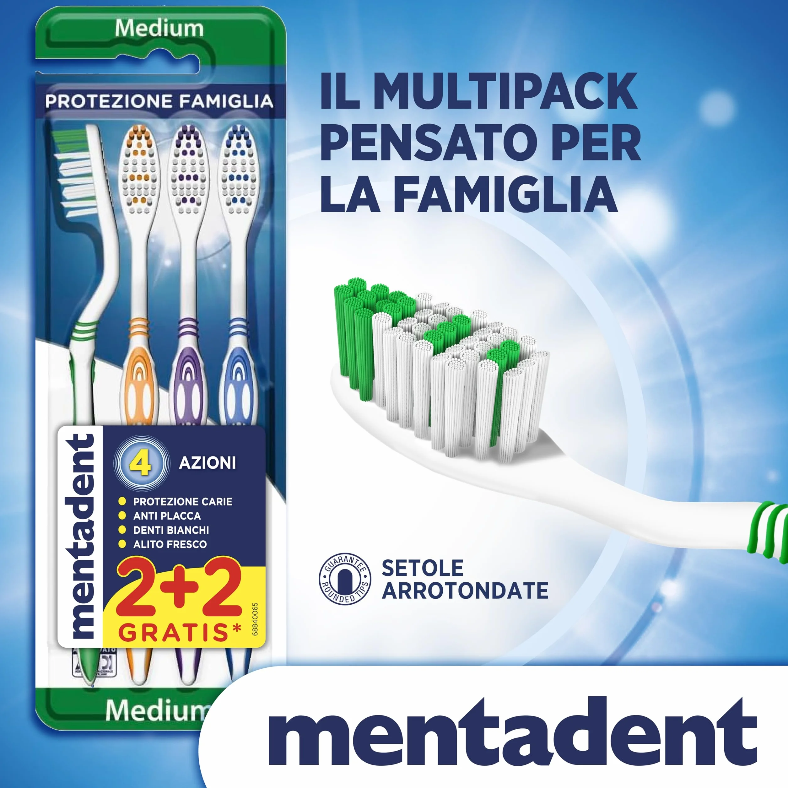 Mentadent Protezione Famiglia 4 Spazzolini Setole Medie Multi-angolazione Manico Tripla Angolazione Setole Lucidanti Pulisci-lingua Morbido