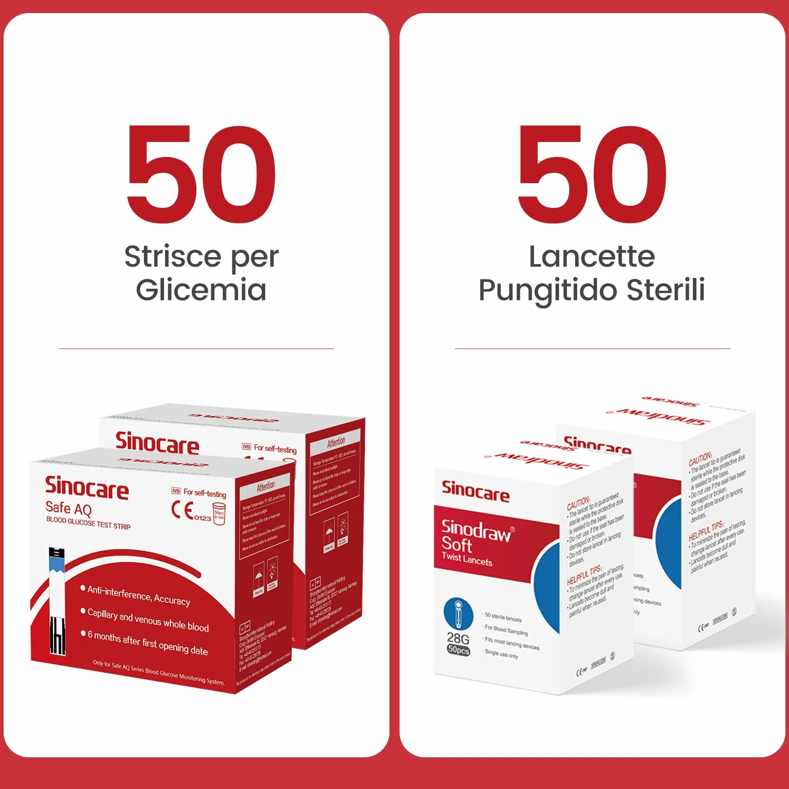 Sinocare Strisce Glicemia 50 Strisce 50 Lancette mg/dL AQ Voice Smart Air