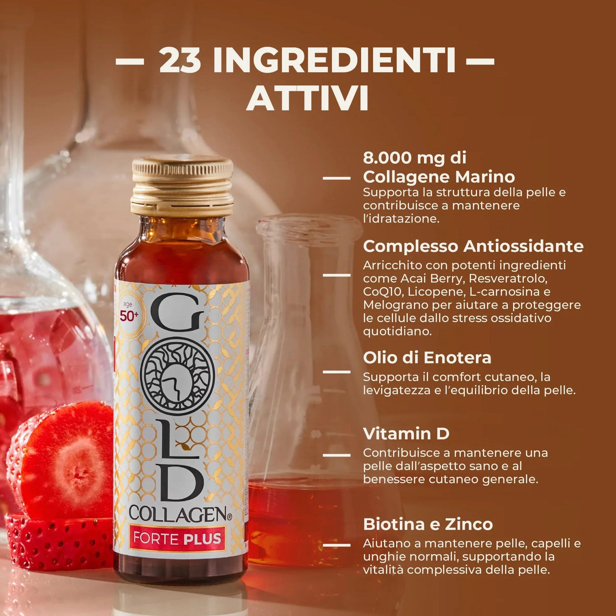 GOLD COLLAGEN New Forte Plus Collagene Integratore Antirughe con Vitamina C Antiossidante 8g Collagene Marino Acido Ialuronico Biotina 10x50ml