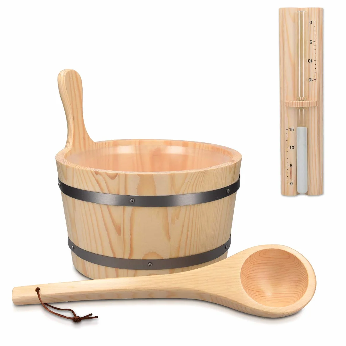 Navaris Secchiello da Sauna in Legno 5 Litri con Inserto in Plastica Mestolo e Clessidra - Set Accessori per Saune