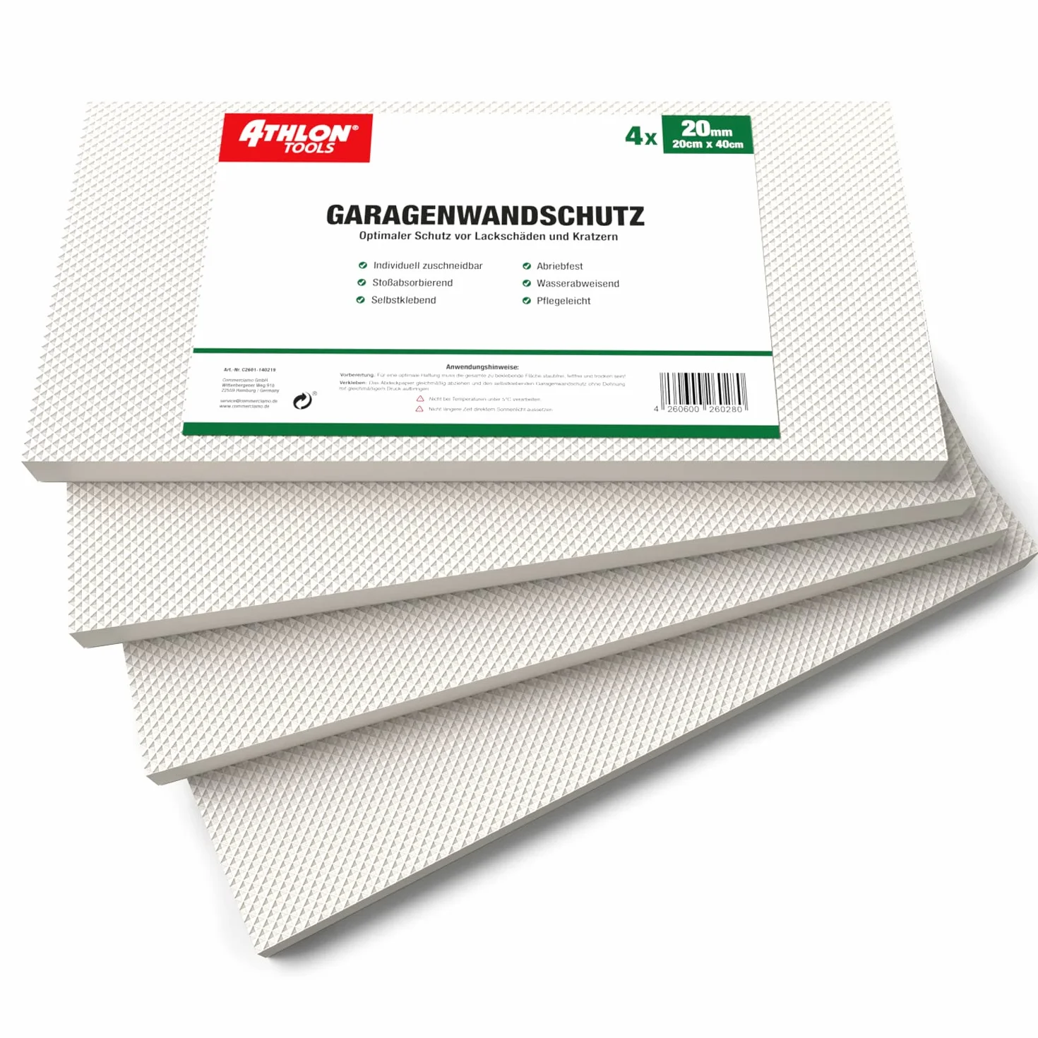 ATHLON TOOLS 4x MaxProtect Protettore per pareti di garage, 40 x 20 x 2,0 cm ciascuno, Protettore per porte di auto, autoadesivo, impermeabile (Bianco)