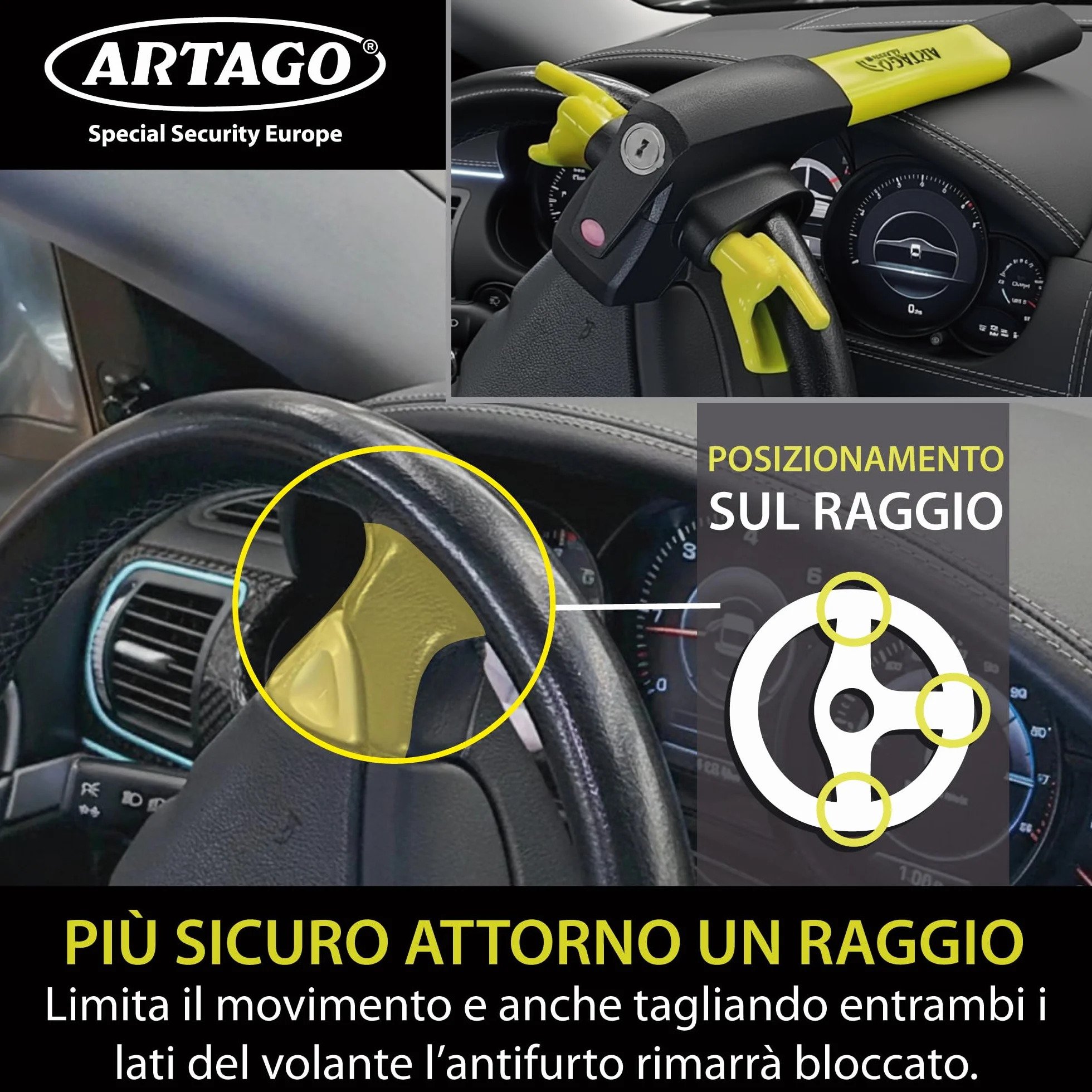 ARTAGO 870 Antifurto Auto Alta Gamma, Blocca Sterzo 2en1, Allarme Intelligente 120dB LED Notte, Bloccasterzo Meccanico Sonoro